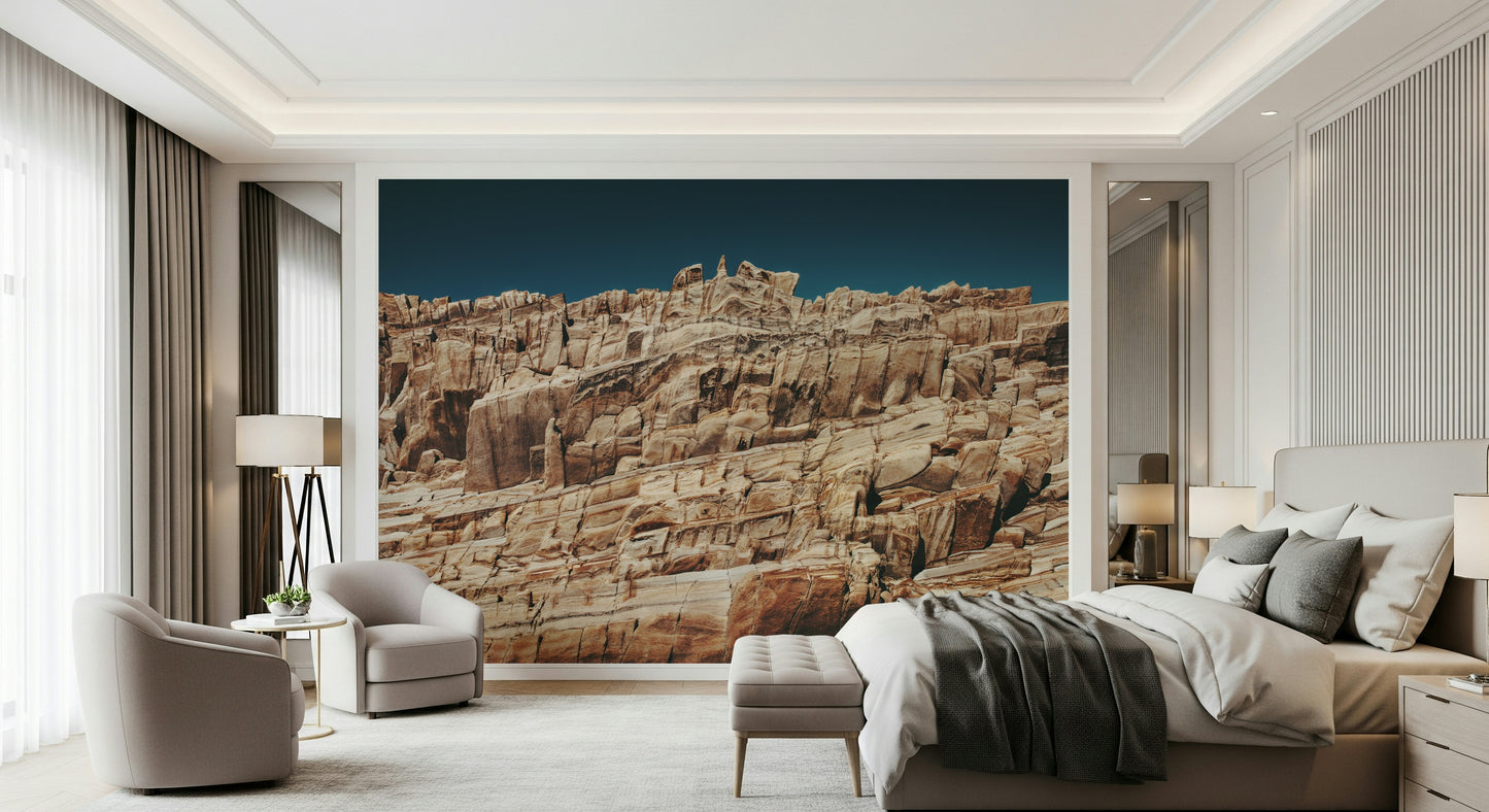 Rustic terracotta cliffscape wallpaper mural bringing outdoor textures and warm tones indoors.