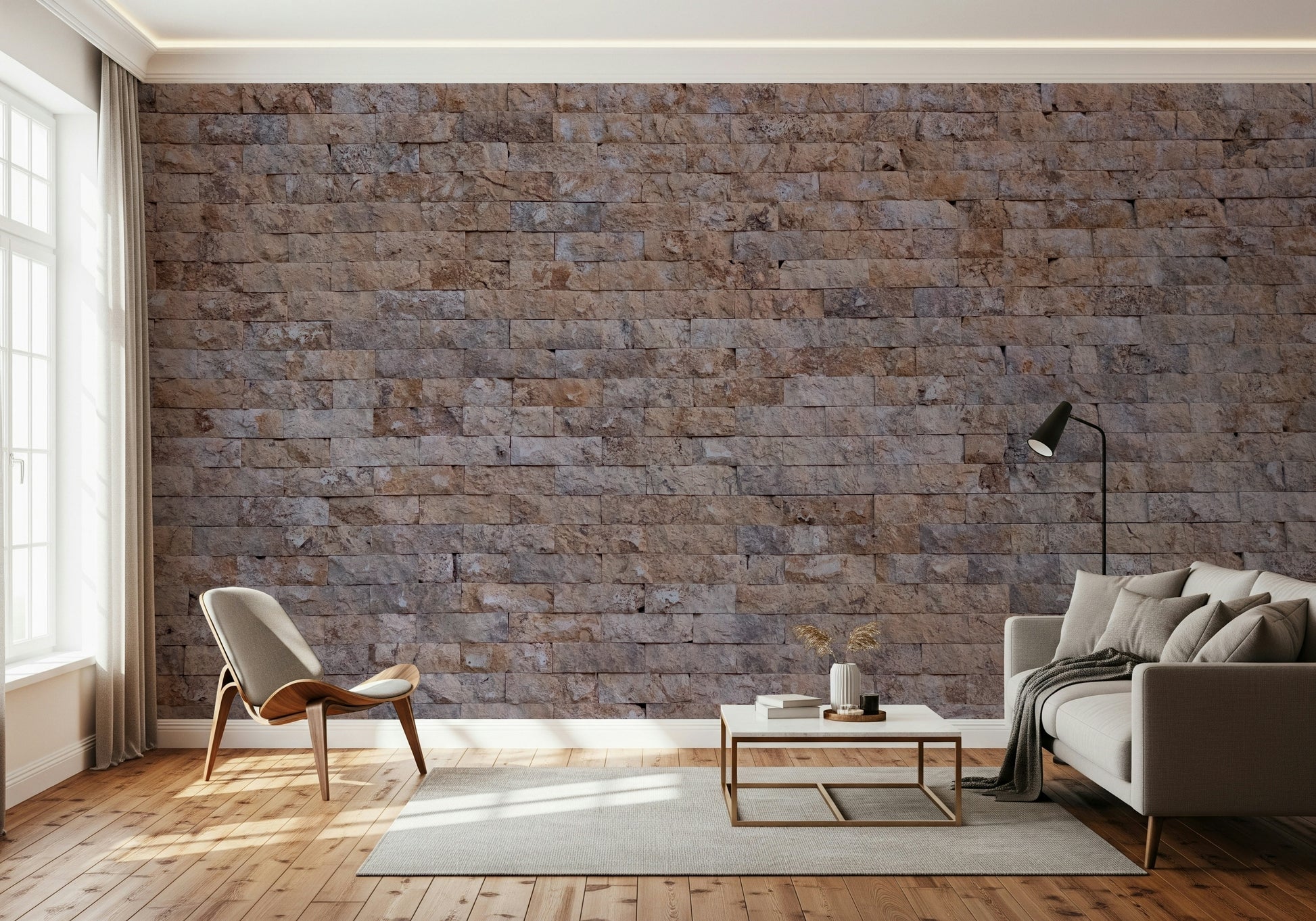 Realistic brick texture mural with three-dimensional effect for accent walls in living rooms or offices.