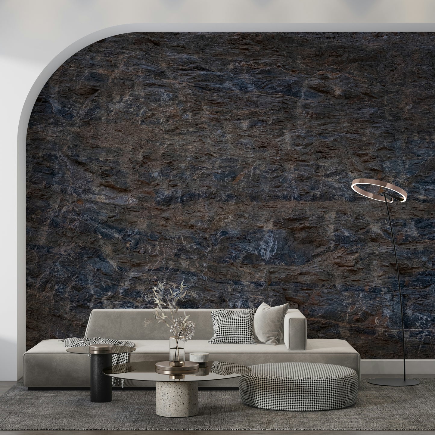 Realistic rocky landscape mural capturing rough terrain and mineral details for modern interiors.