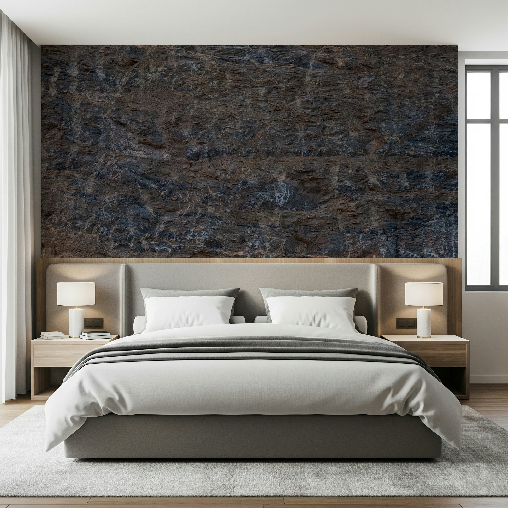 Rustic stone wall mural inspired by rocky hillsides and natural terrain for eco-inspired décor.