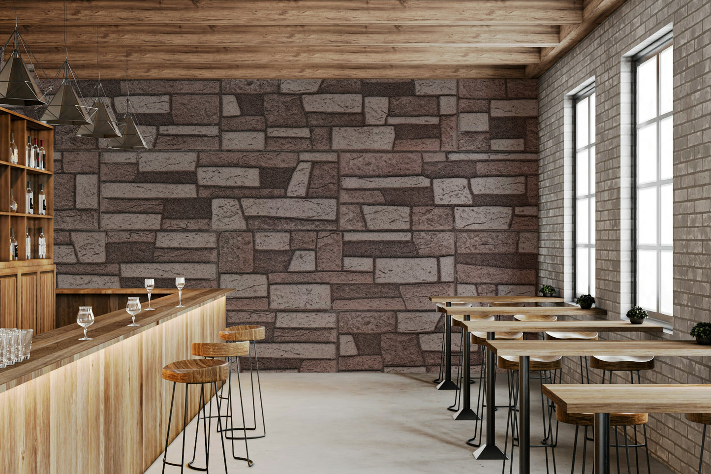 Nature-inspired wall art with textured rustic brick surfaces