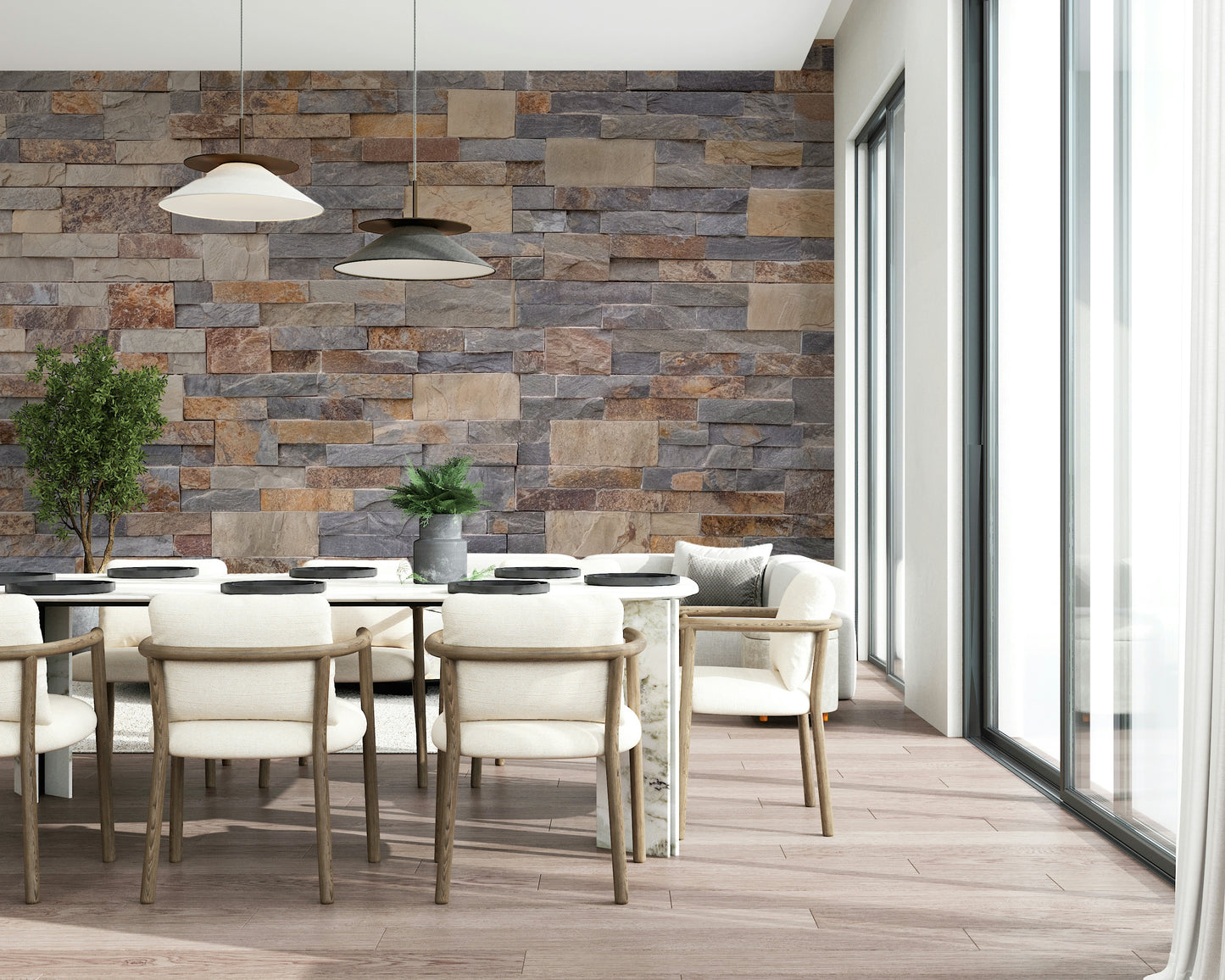 Contemporary mural featuring realistic stone cladding effects