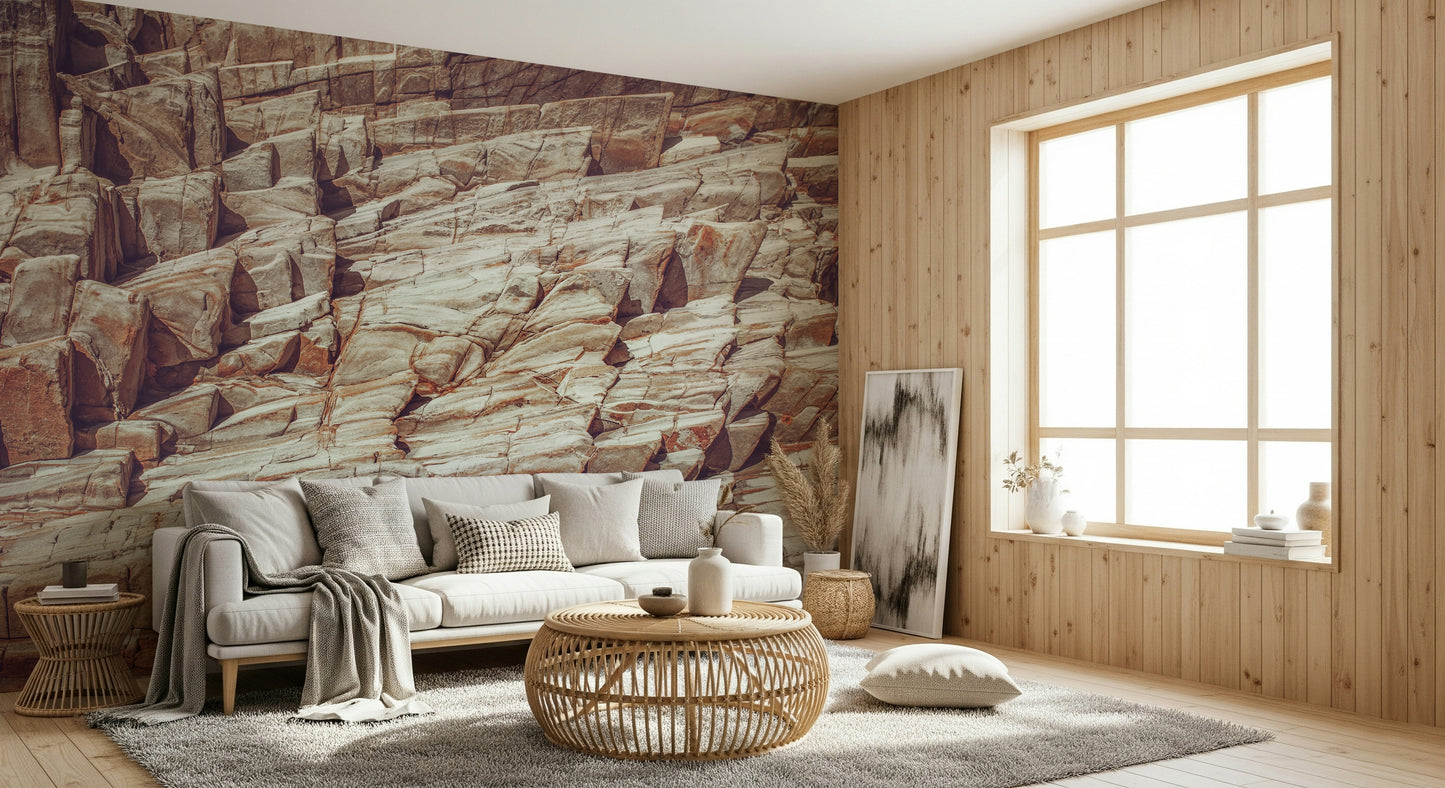 Textured rock wall art creating depth and a realistic stone appearance