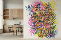 Neon Jungle Wall Mural – Colorful, dynamic wallpaper with glowing leaves, vines, and tropical flora.