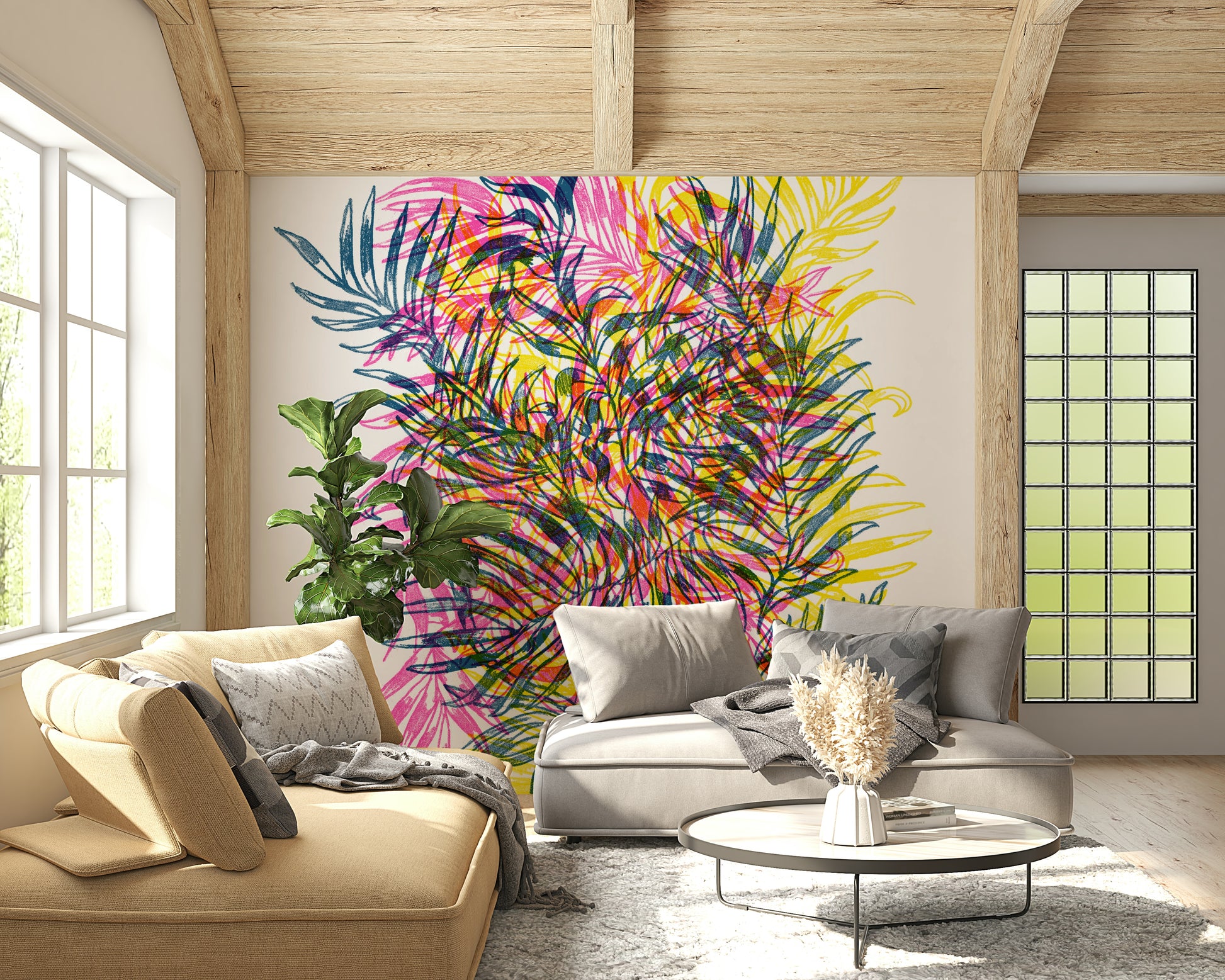 Electric Jungle Wall Mural – Vibrant mural featuring neon-inspired jungle foliage and exotic plants.