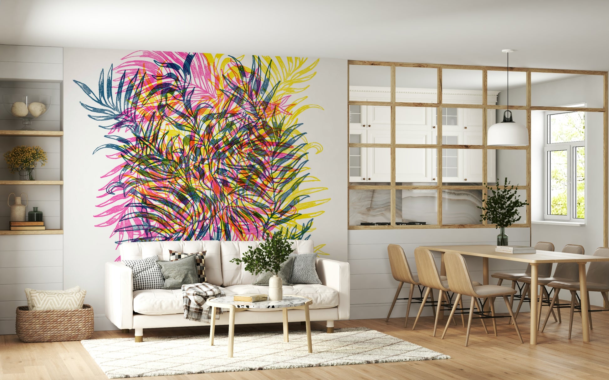 Electric Jungle Foliage Wallpaper – Bold wall mural showcasing abstract jungle plants in vivid neon colors.