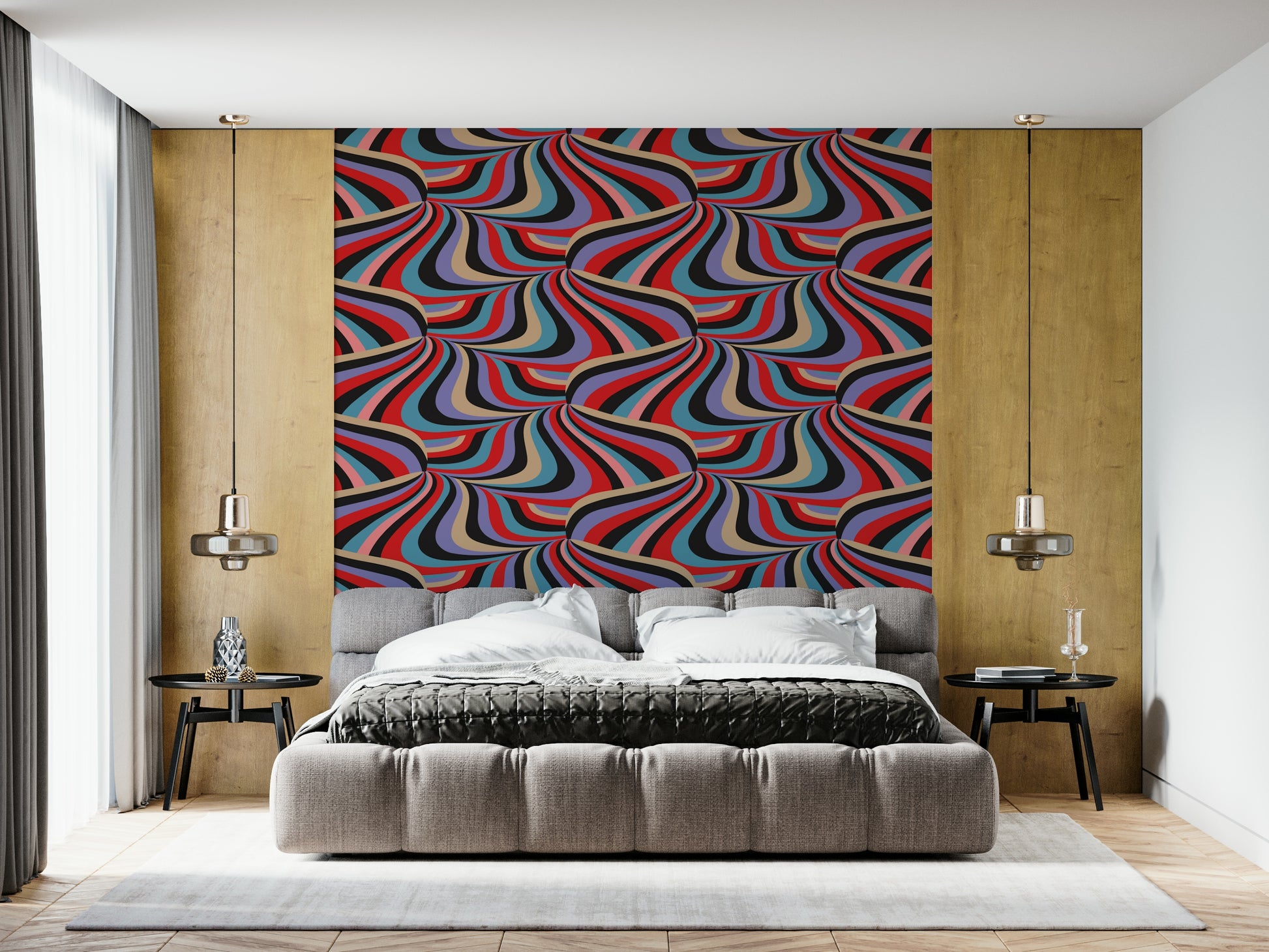 Groovy Retro Striped Marble Wall Mural – Psychedelic-inspired abstract wallpaper with marbled stripes in multiple colors.