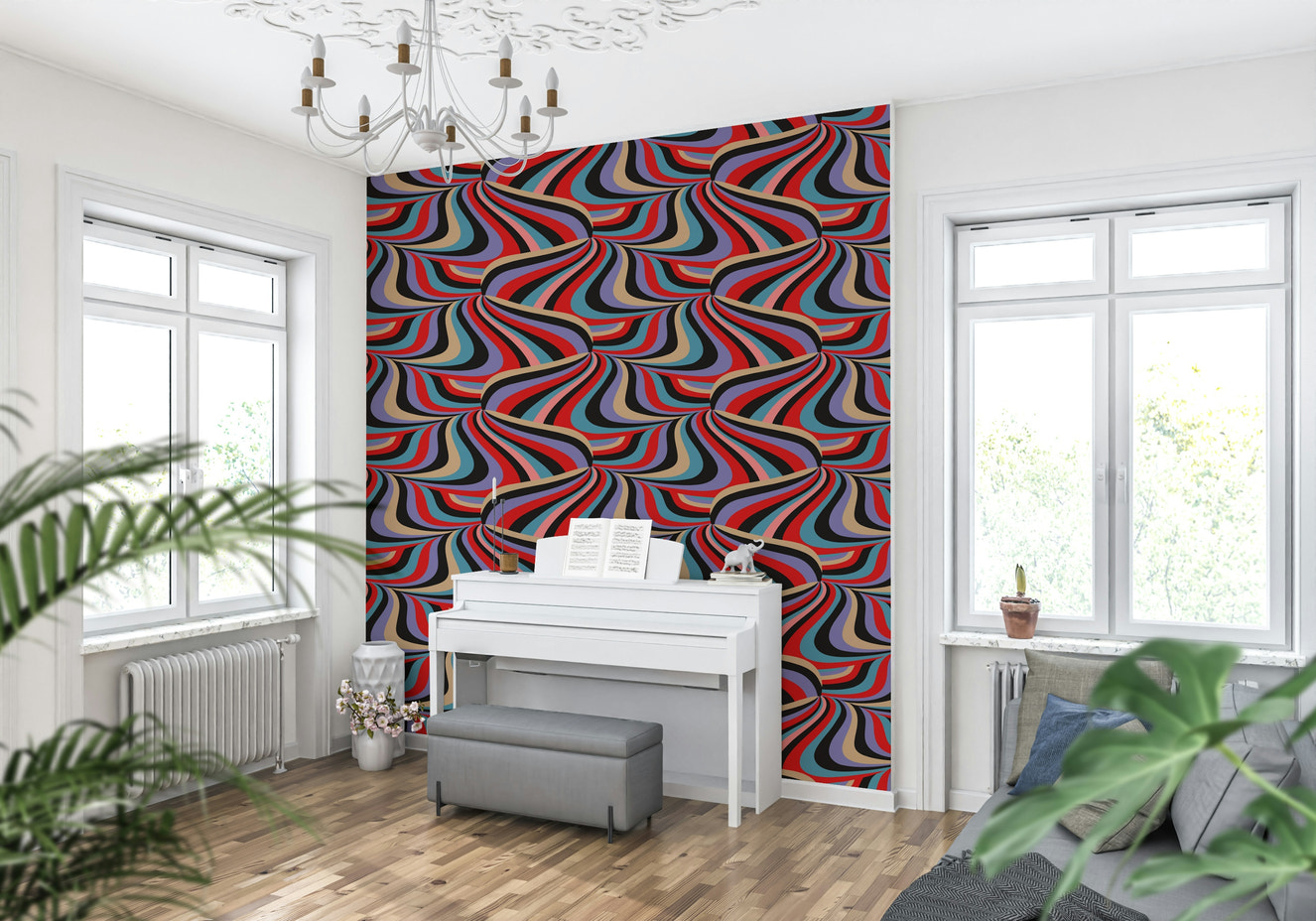 Marble Swirl Groovy Retro Abstract Wallpaper – Vibrant mural with swirling stripes in black, purple, red, blue, cream, and pink tones.