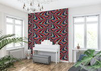 Marble Swirl Groovy Retro Abstract Wallpaper – Vibrant mural with swirling stripes in black, purple, red, blue, cream, and pink tones.
