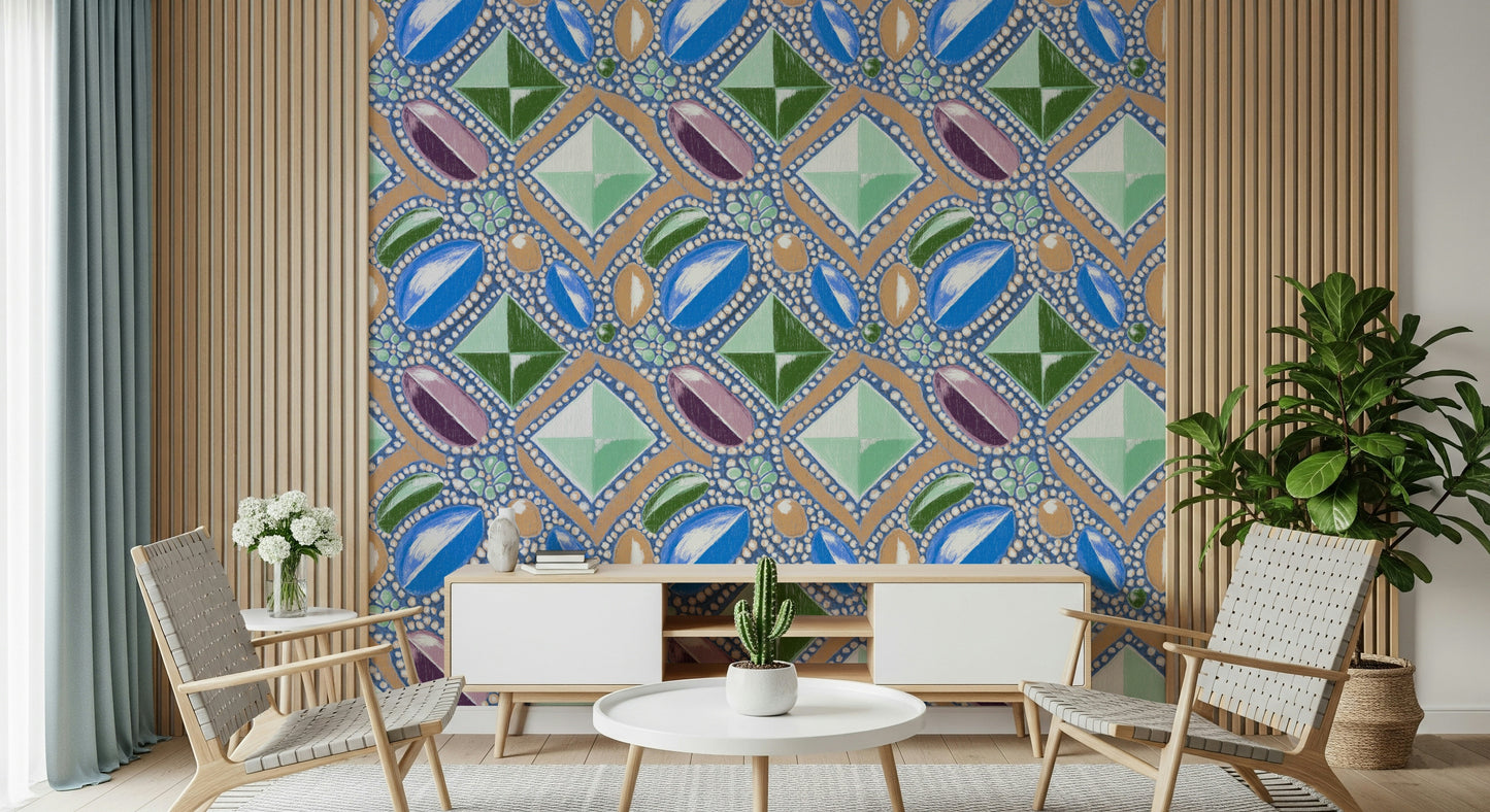 Luxury Blue Gemstone Wallpaper – Sophisticated wall design with pastel blue gemstones creating a regal, elegant aesthetic.