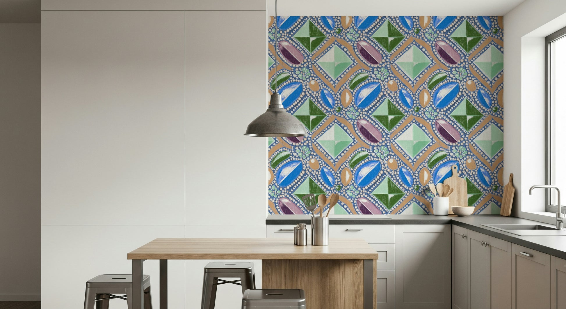 Pastel Blue Jewel Wall Mural – Modern design with abstract gemstone shapes in soft blue tones.