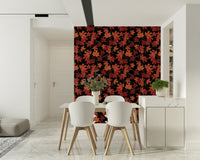 Red Maple Leaves on Dark Wallpaper – Elegant mural with scattered autumn foliage in vivid red hues over black.