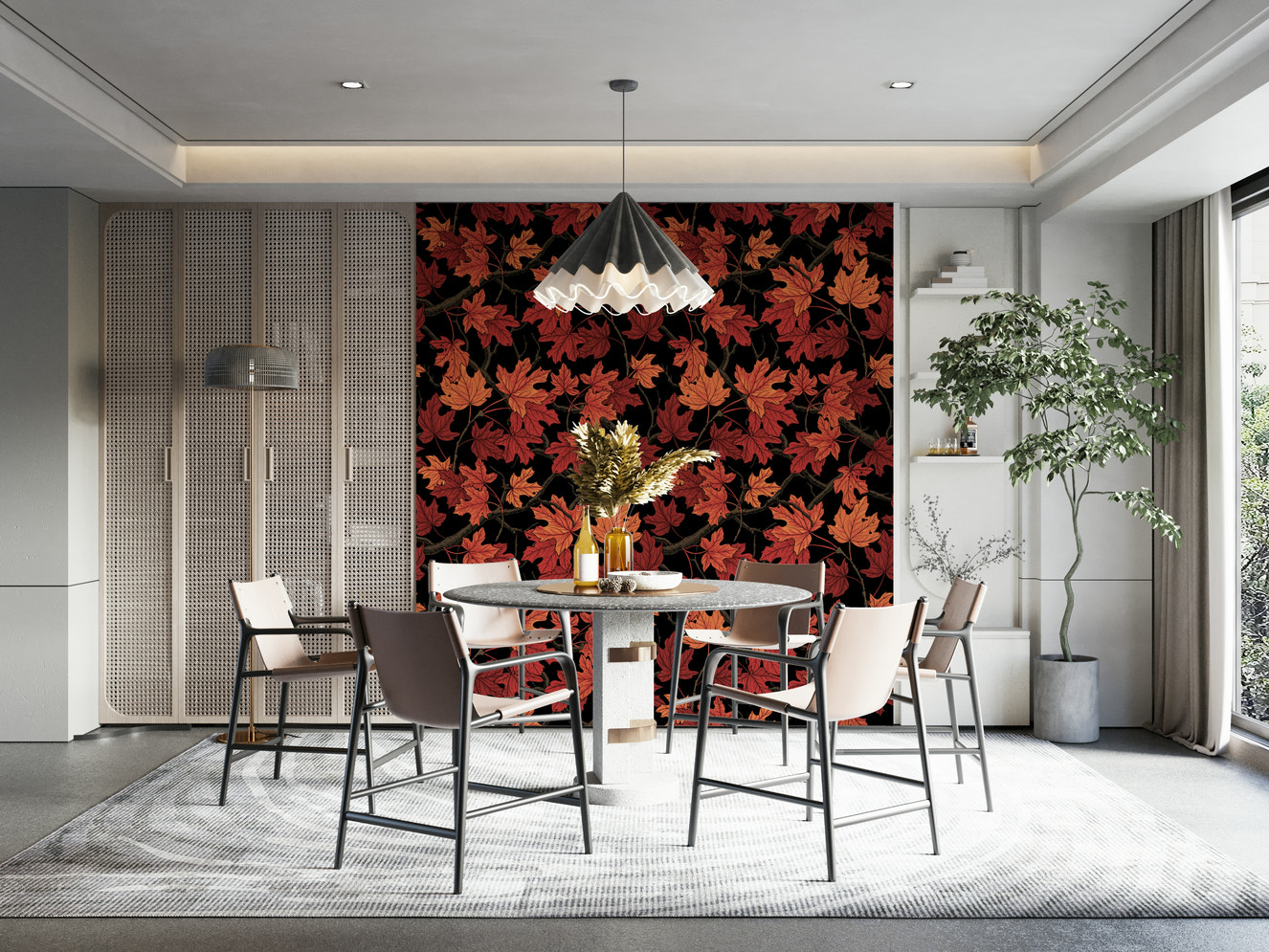 Red Autumn Maple Leaves on Black Wallpaper – Striking wallpaper featuring vibrant red maple leaves against a deep black background.