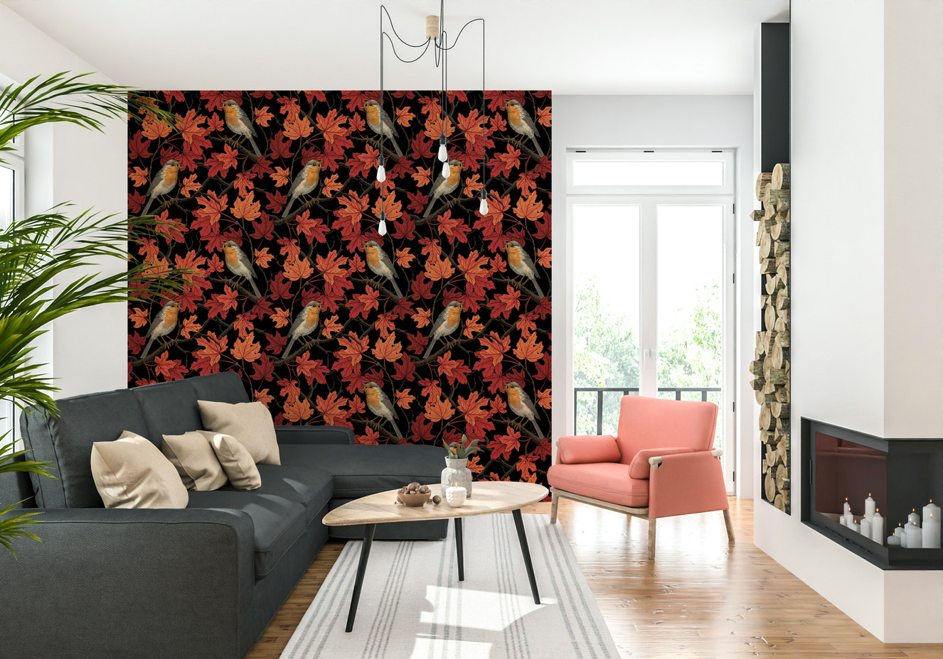Maple Tree with Robins Wall Mural – Striking design of red-breasted robins resting in autumnal maple branches against a black background.