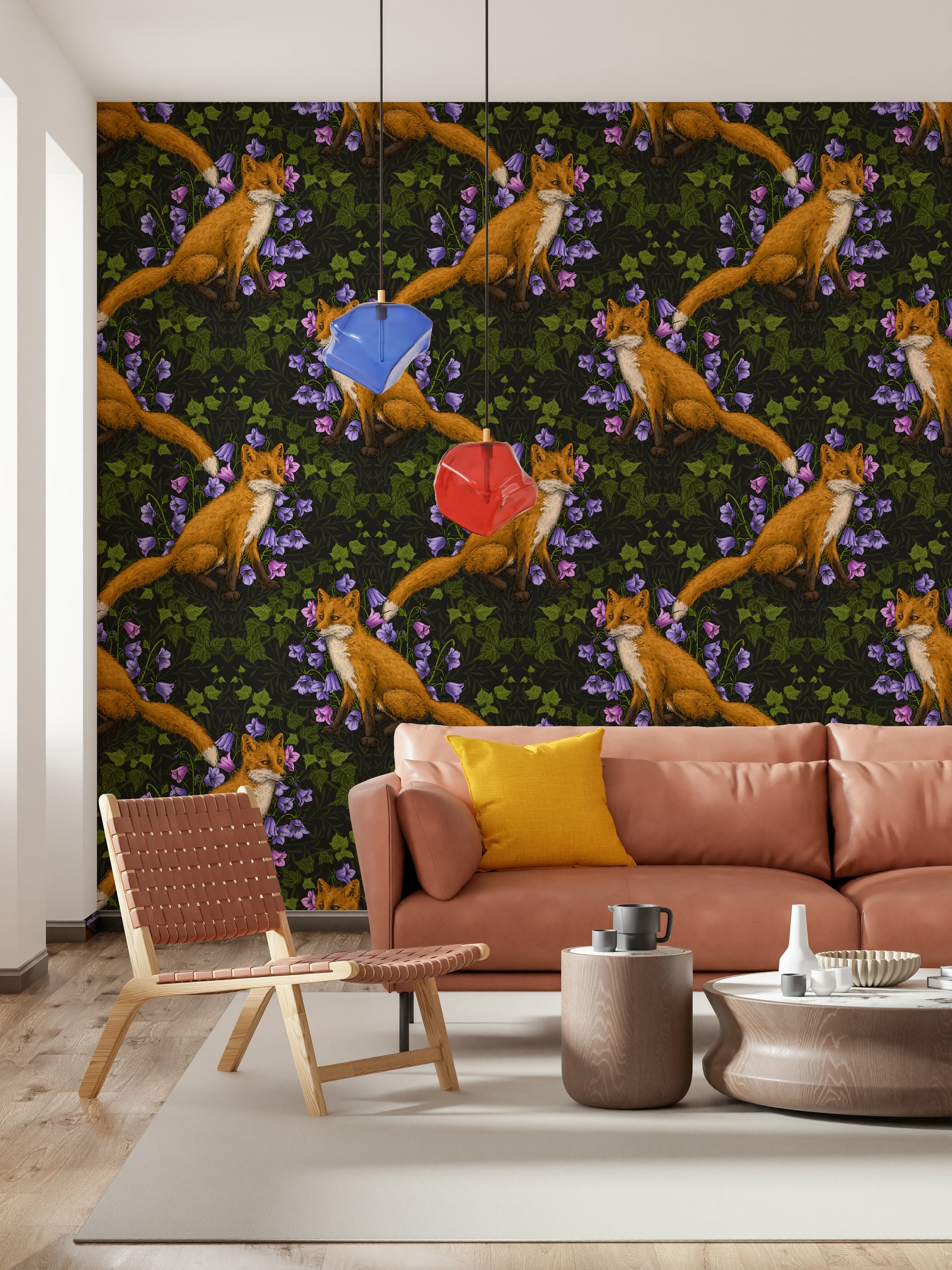 Fox and Ivy Wall Mural – Whimsical design with a serene fox surrounded by lush green ivy in a woodland setting.
