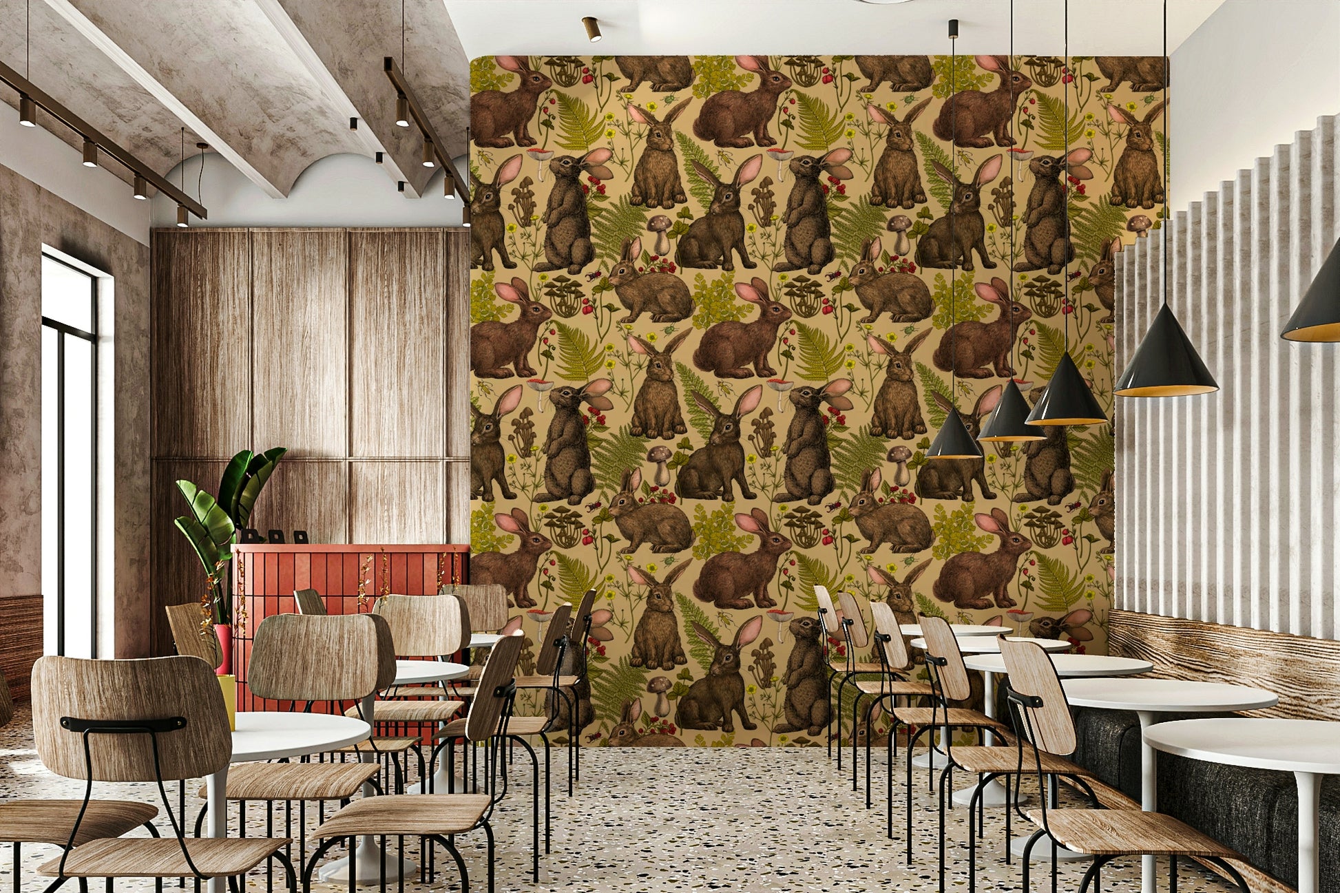 Woodland Wildlife Wallpaper Mural – Decorative wallpaper with rabbits interacting with ferns, flowers, and forest plants.