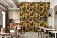 Woodland Wildlife Wallpaper Mural – Decorative wallpaper with rabbits interacting with ferns, flowers, and forest plants.