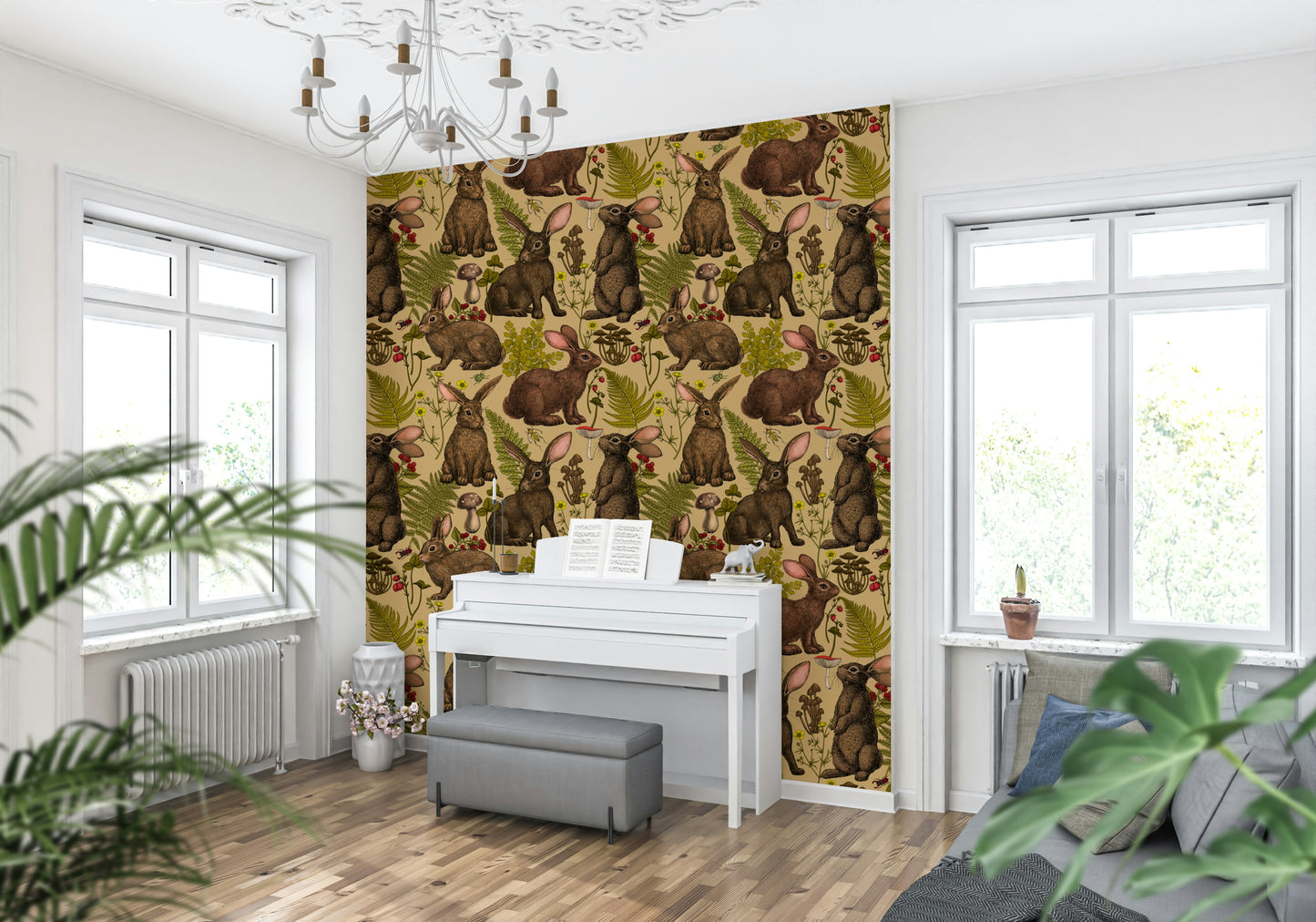 Rabbits Among Leaves and Flowers Wallpaper – Soft, charming wallpaper depicting rabbits in a natural forest setting.