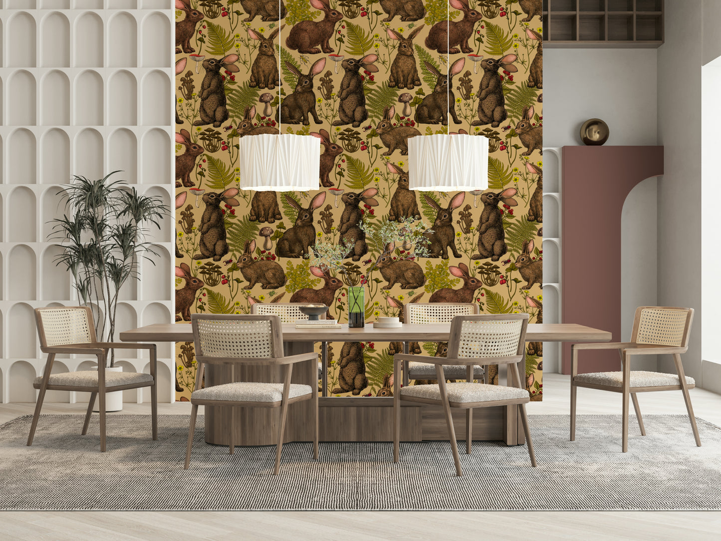 Woodland Rabbit Wall Mural – Charming design with playful rabbits nestled in greenery and wildflowers.