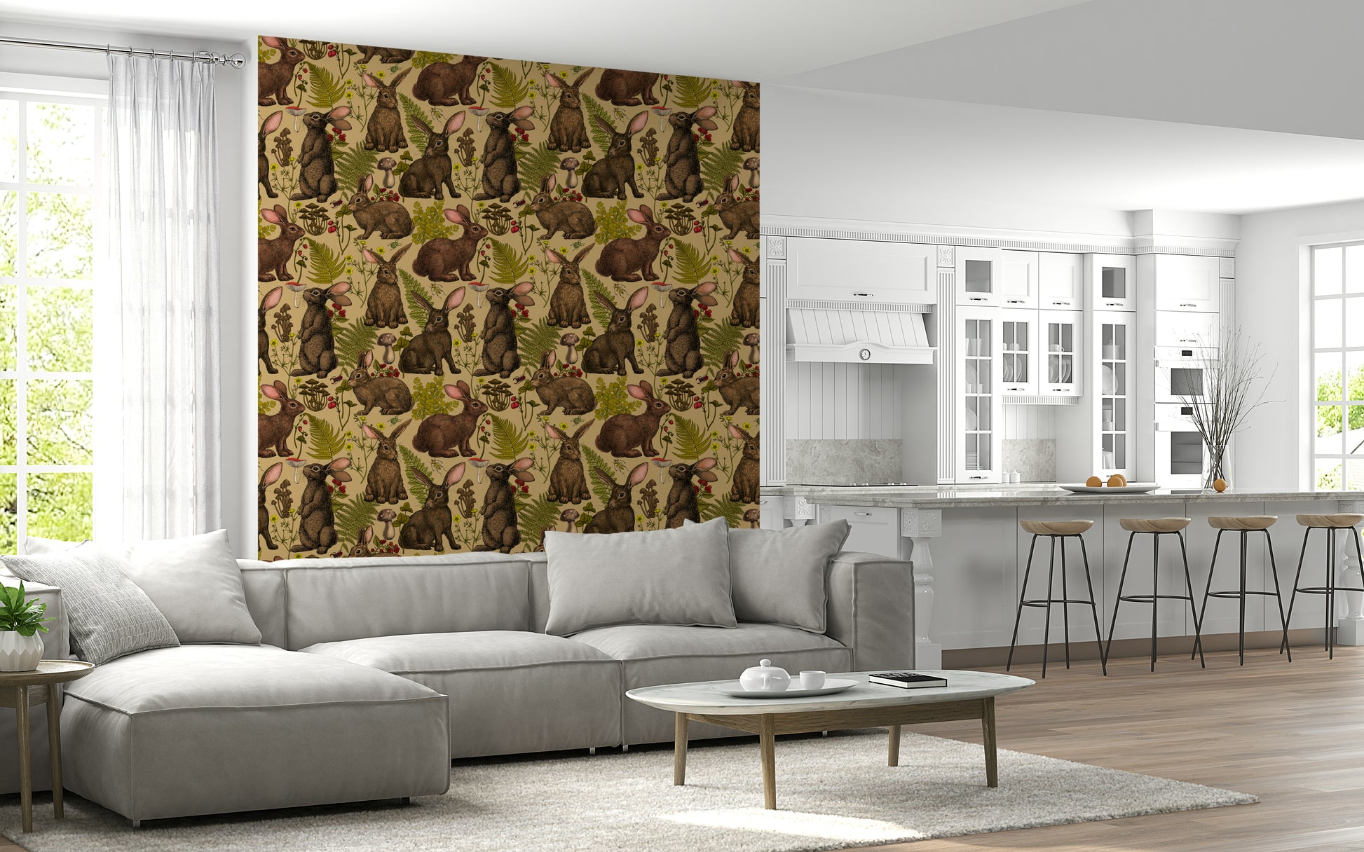Woodland Flora and Bunny Wall Mural – Playful, nature-inspired design combining small animals and forest greenery.