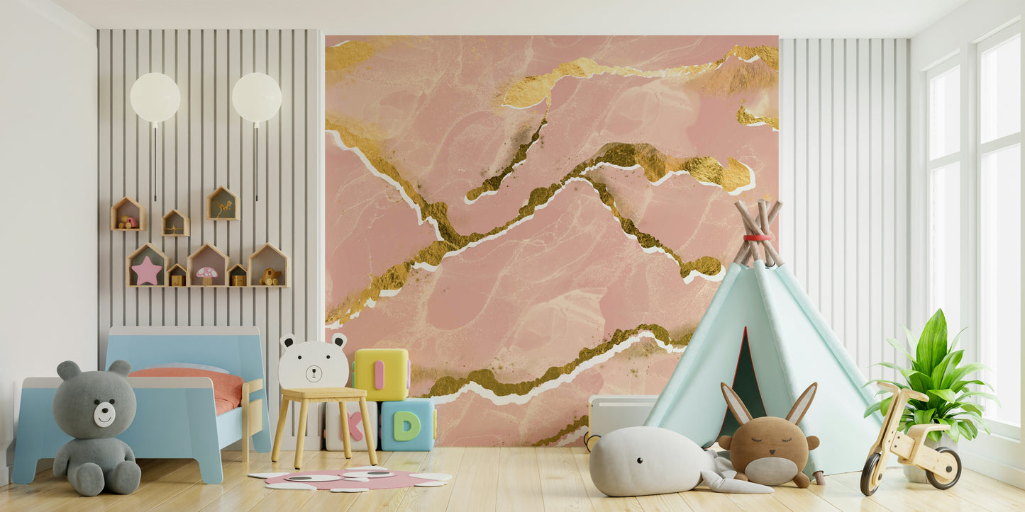 Golden Veins Blush Marble Wall Mural – Luxurious abstract marble design with soft blush tones accented by shimmering gold veins.