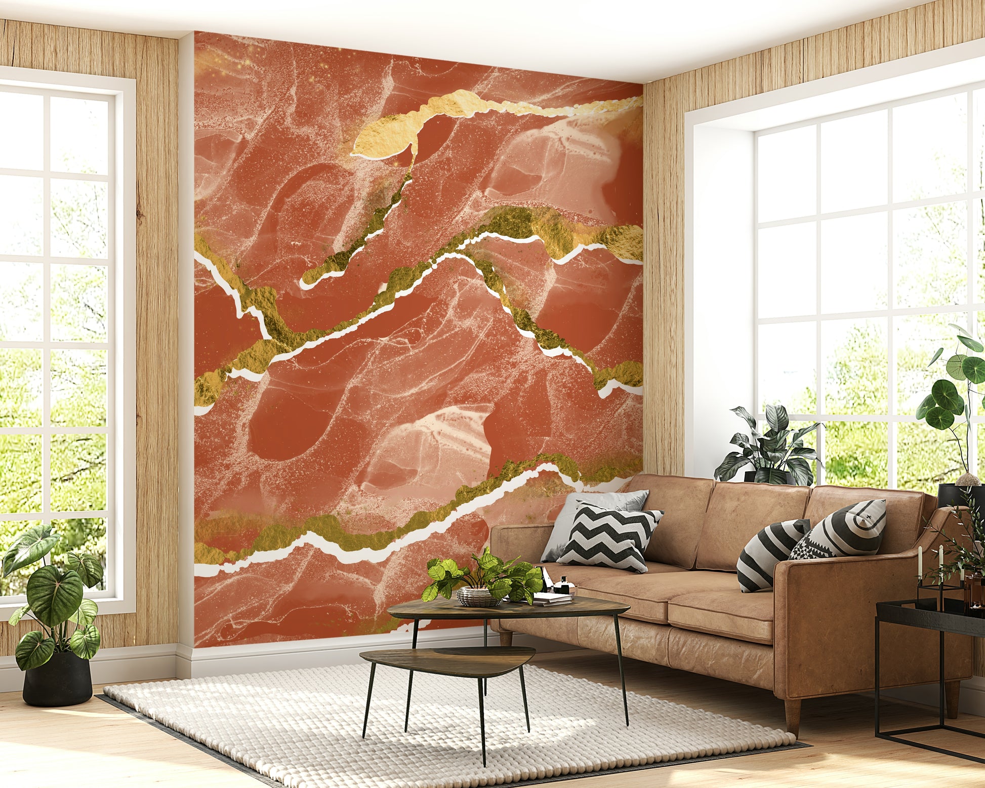 Burnt Sienna Marble with Gold Veins Wallpaper – Modern wall mural featuring rich earthy marble textures highlighted with gilded accents.