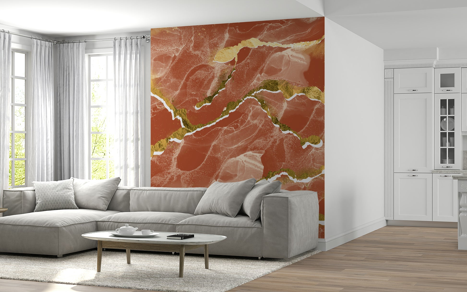 Gold-Accented Burnt Sienna Marble Wallpaper – Decorative mural with luxurious burnt sienna marble and metallic gold veining.