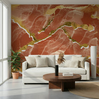 Abstract Burnt Sienna Marble Wall Mural – Modern mural featuring warm earthy stone textures with luminous gold highlights.