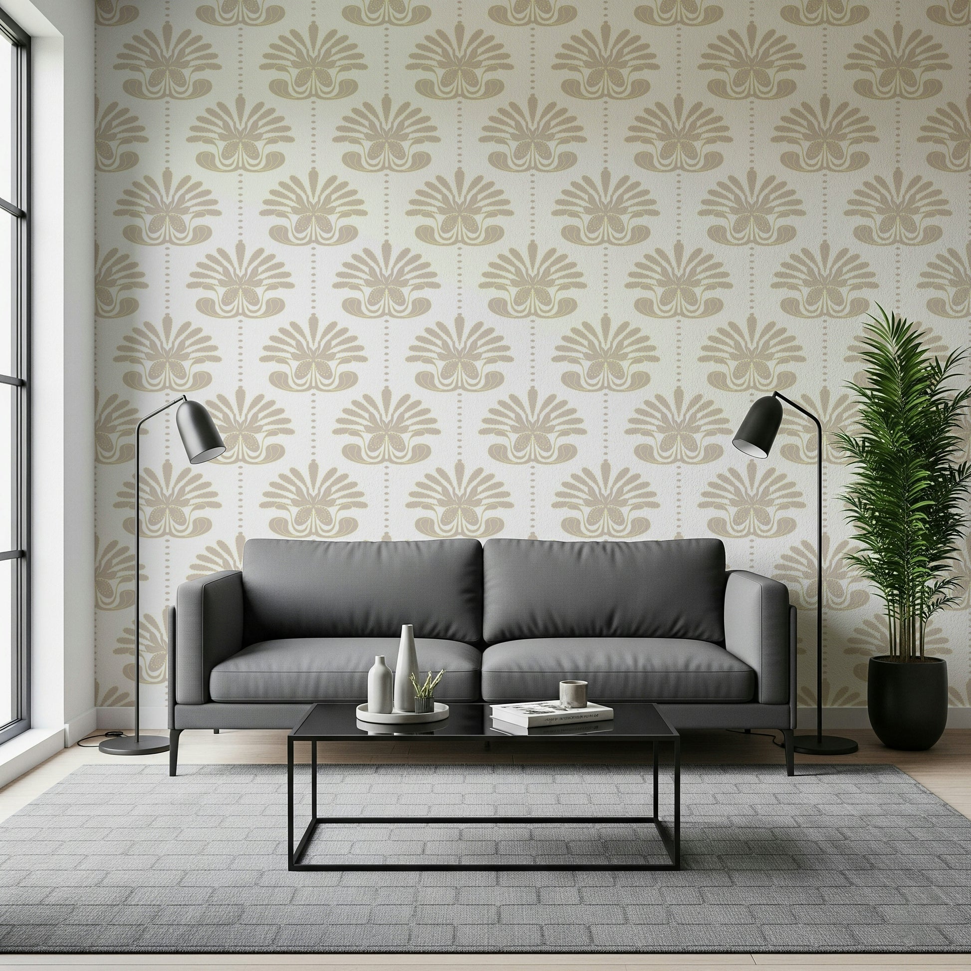 Elegant Symmetric Floral Wallpaper – Refined wallpaper featuring mirrored floral designs for contemporary interiors.