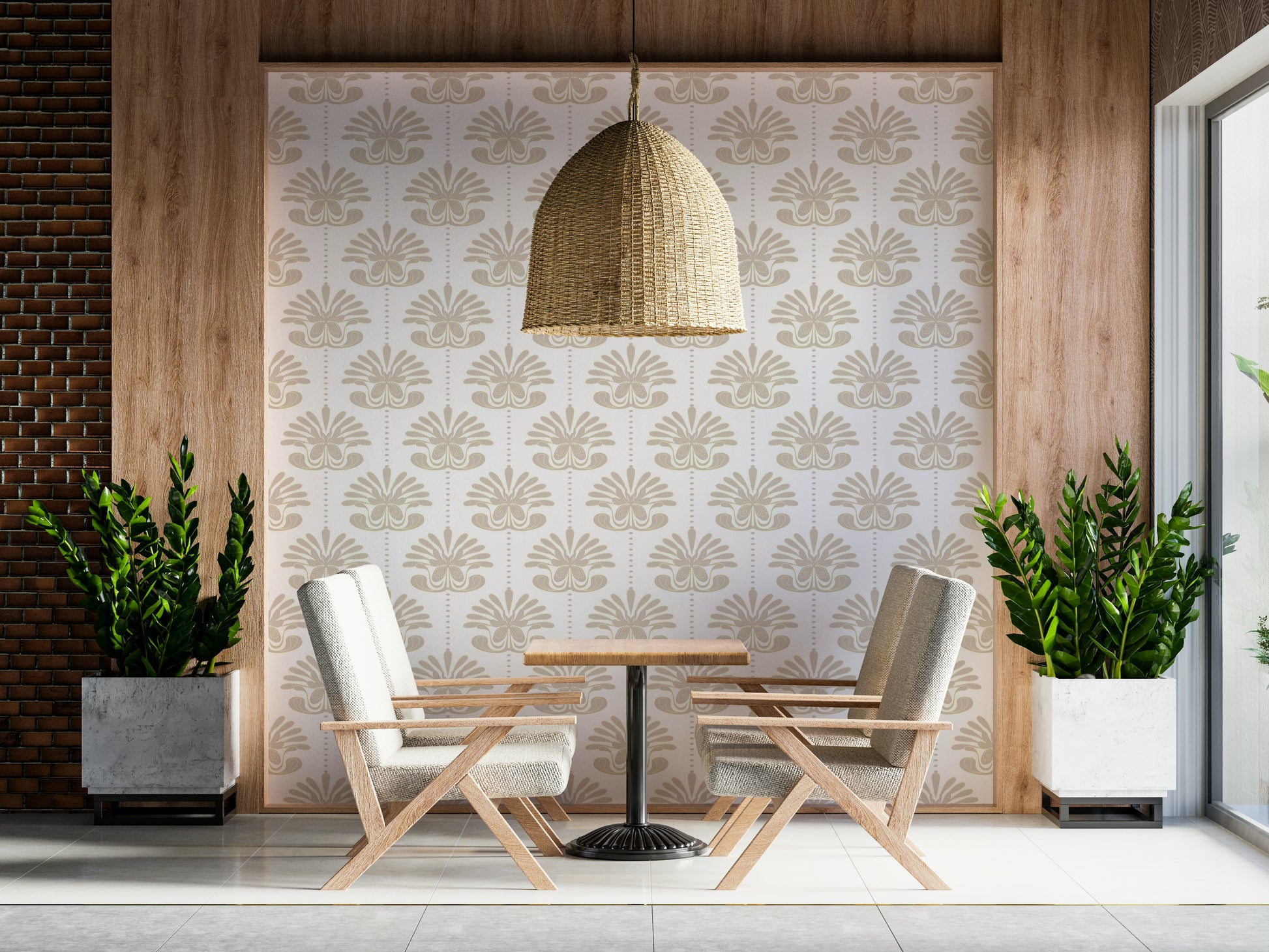 Floral Symmetry Wallpaper – Decorative wall design showcasing repeating floral motifs in balanced arrangements.