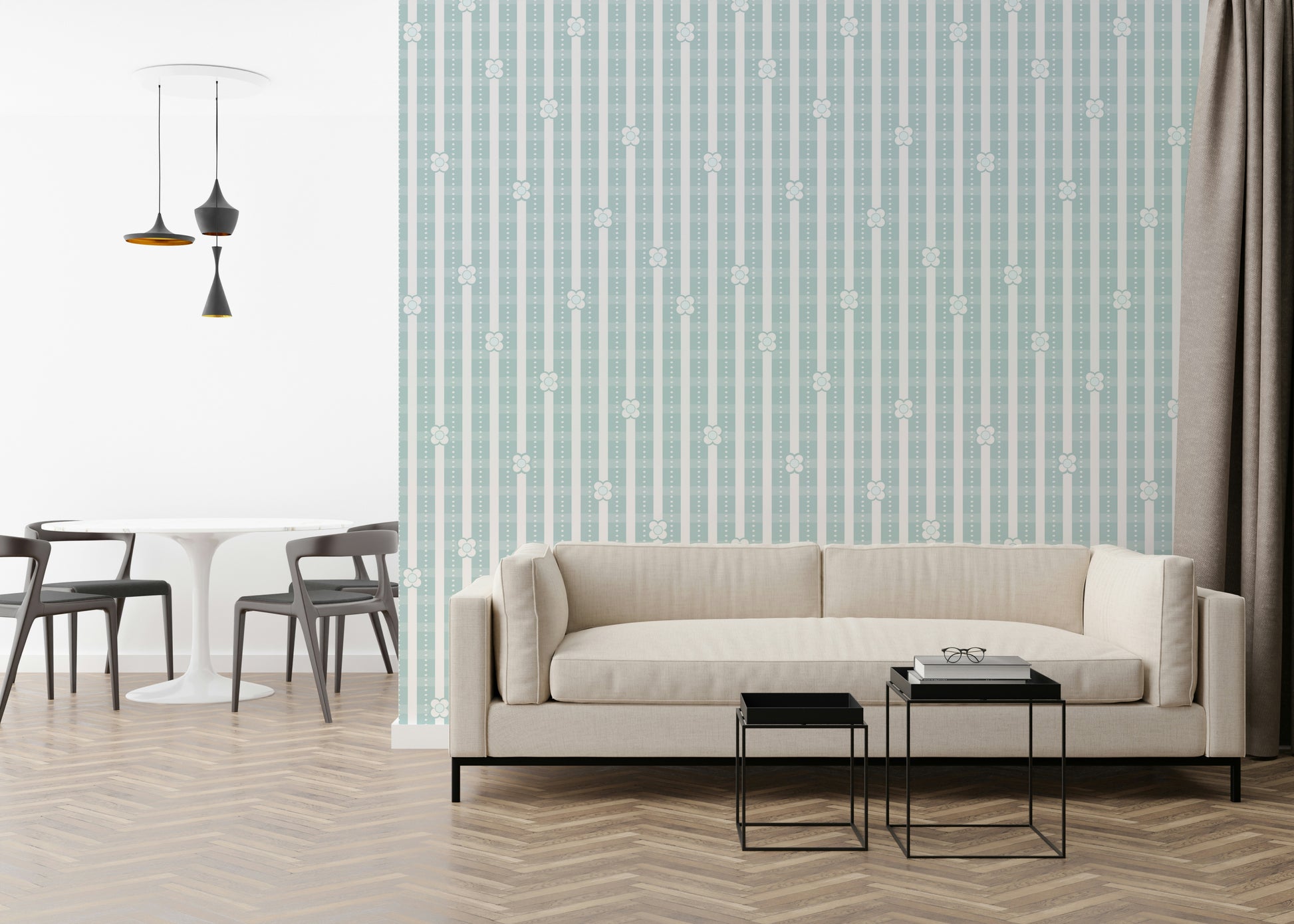 Floral Stripe Pattern Wallpaper – Decorative wallpaper blending serene florals with understated striped textures.