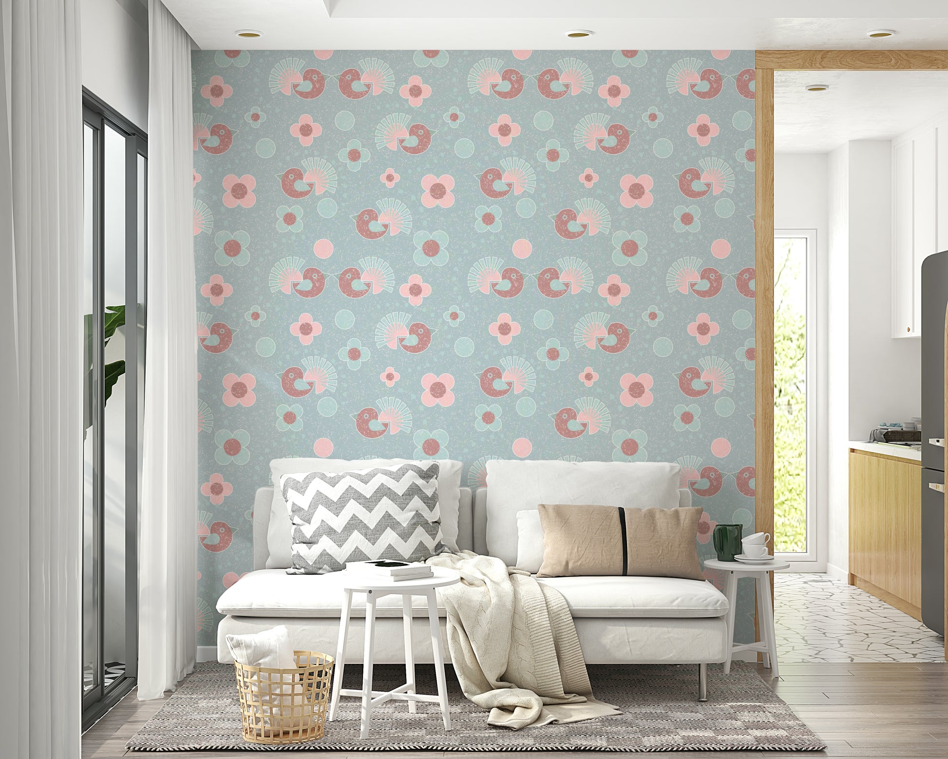 Charming Birdie Blooms Wallpaper – Cheerful pastel wallpaper with delicate birds and vibrant floral pops.