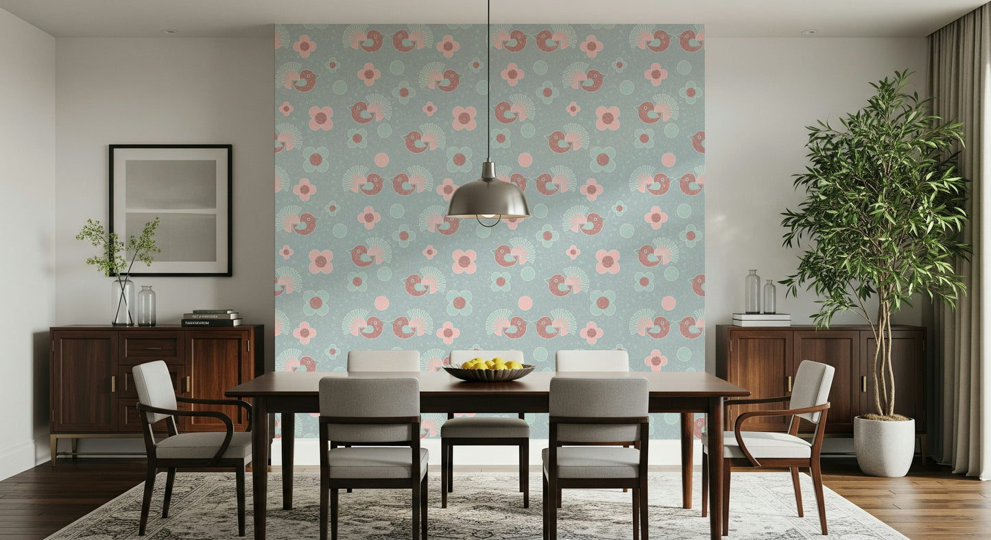 Birdie Blooms Pastel Floral Wallpaper – Delightful pastel wallpaper with flying birds and scattered blossoms.