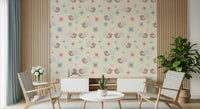 A gentle Floral Wallpaper design combining sweet illustrations of birds with pastel-colored flowers.