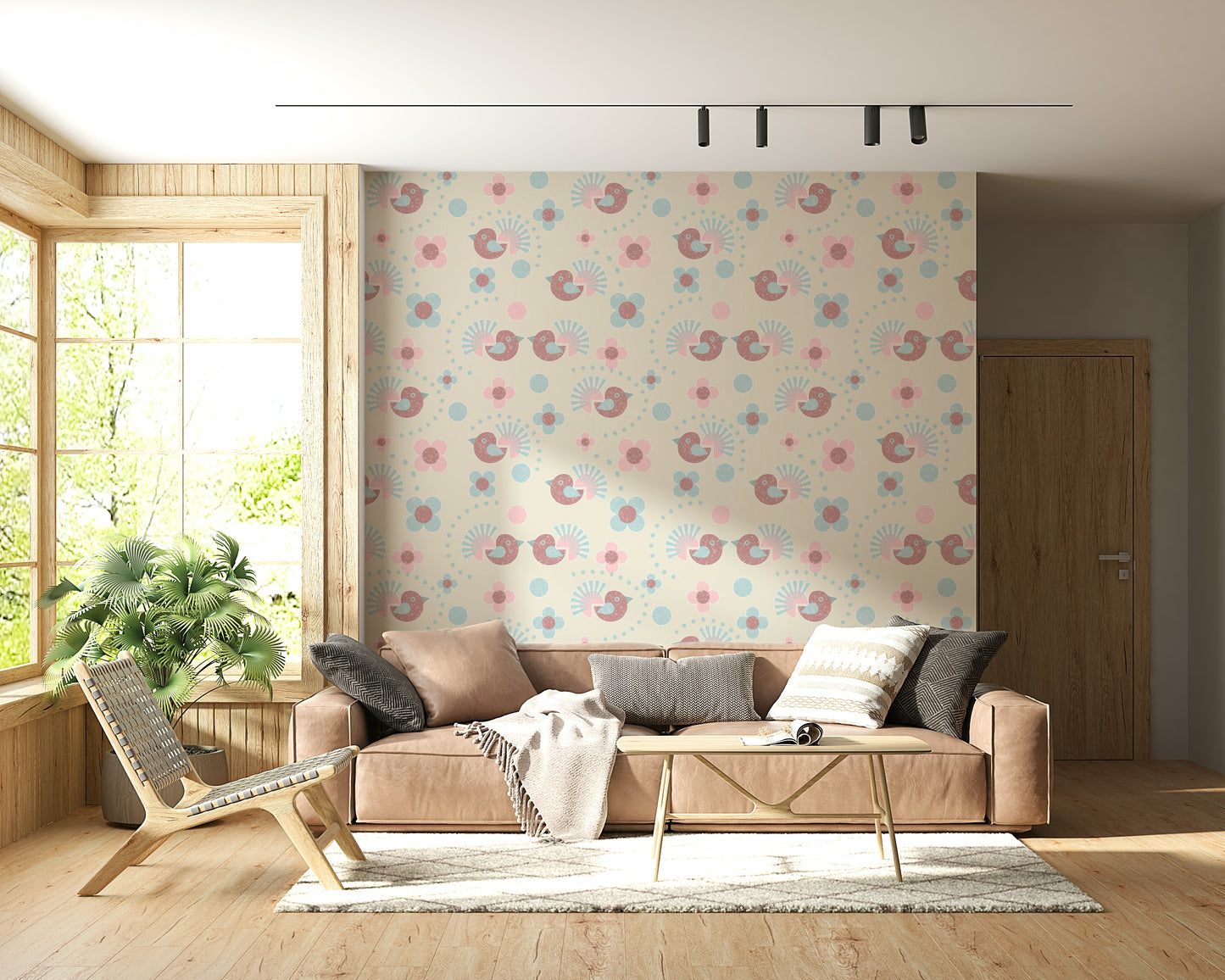 The "Sweet Birdies and Blooms" Kids Wallpaper design shown on a wall, featuring soft pasteltones.