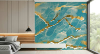 Abstract art Marble Wallpaper mural with flowing golden veins across a deep tropical teal marble background.