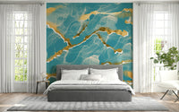Luxe tropical teal Marble Wallpaper mural featuring an abstract design with striking golden veins.