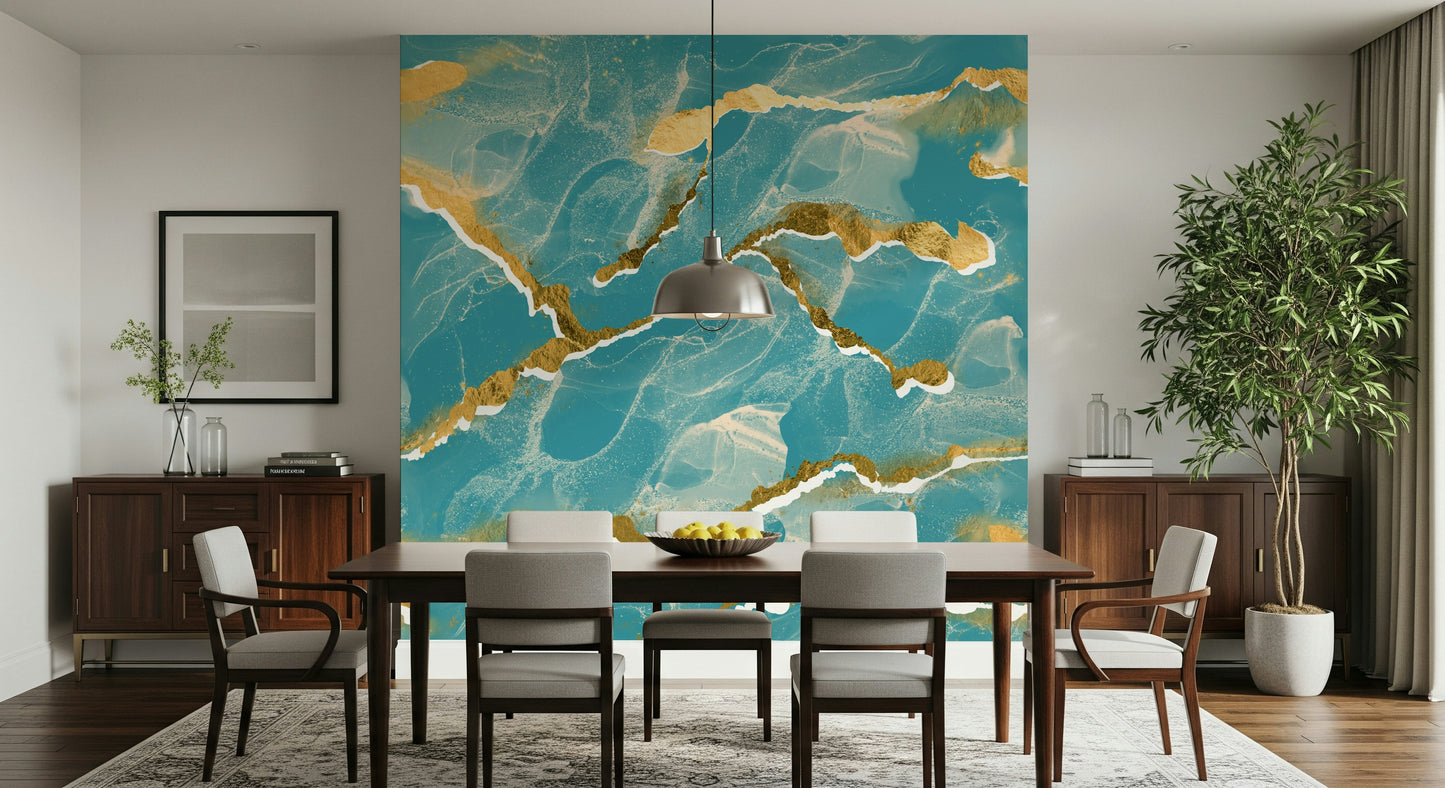 A modern abstract wall mural depicting a stunning tropical teal and gold Marble Wallpaper pattern.