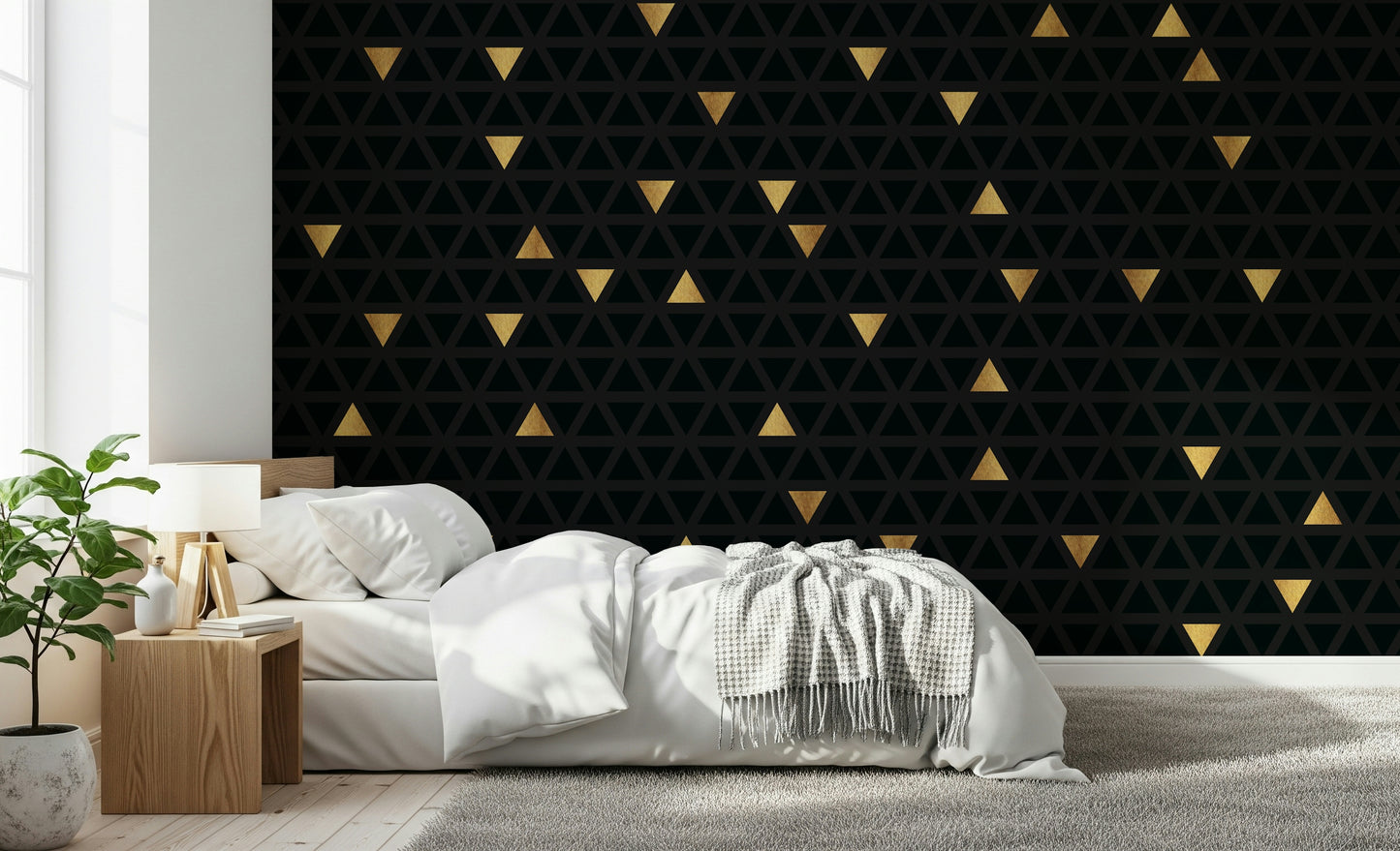 Luxury Black and Gold Triangles Wall Mural installed in a chic living room, showcasing its bold, modern wallpaper design.
