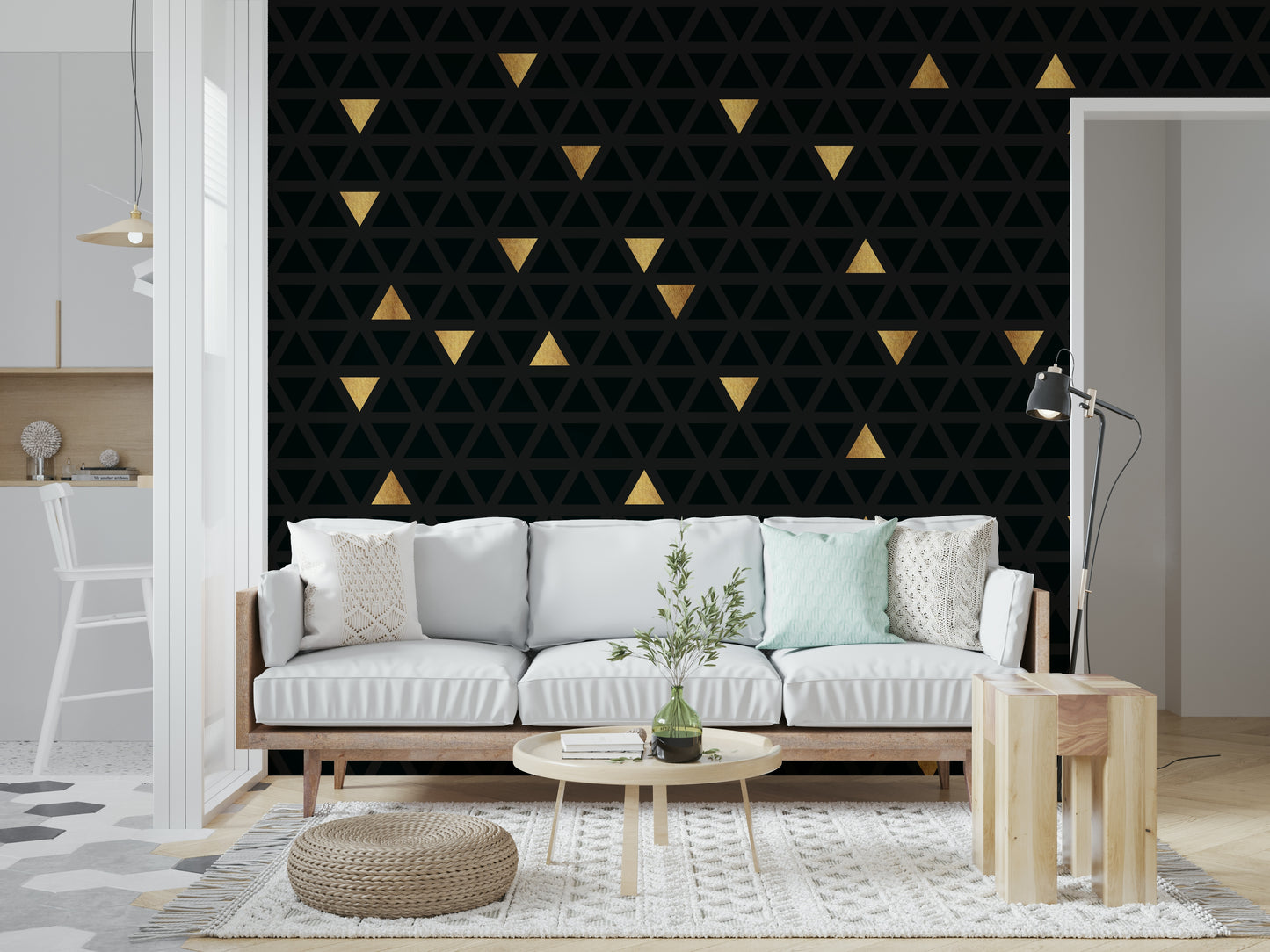 The Luxury Black and Gold Triangles mural shown as a flat lay, detailing the intricate lines of the modern wallpaper design.