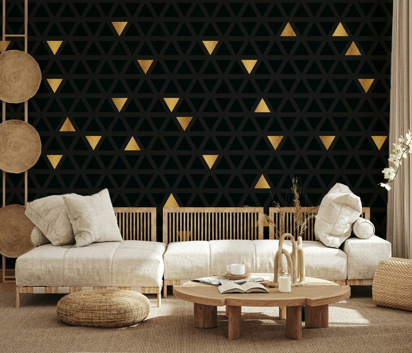 Angled view of the Luxury Black and Gold Triangles abstract wallpaper, highlighting the dynamic, repeating pattern.