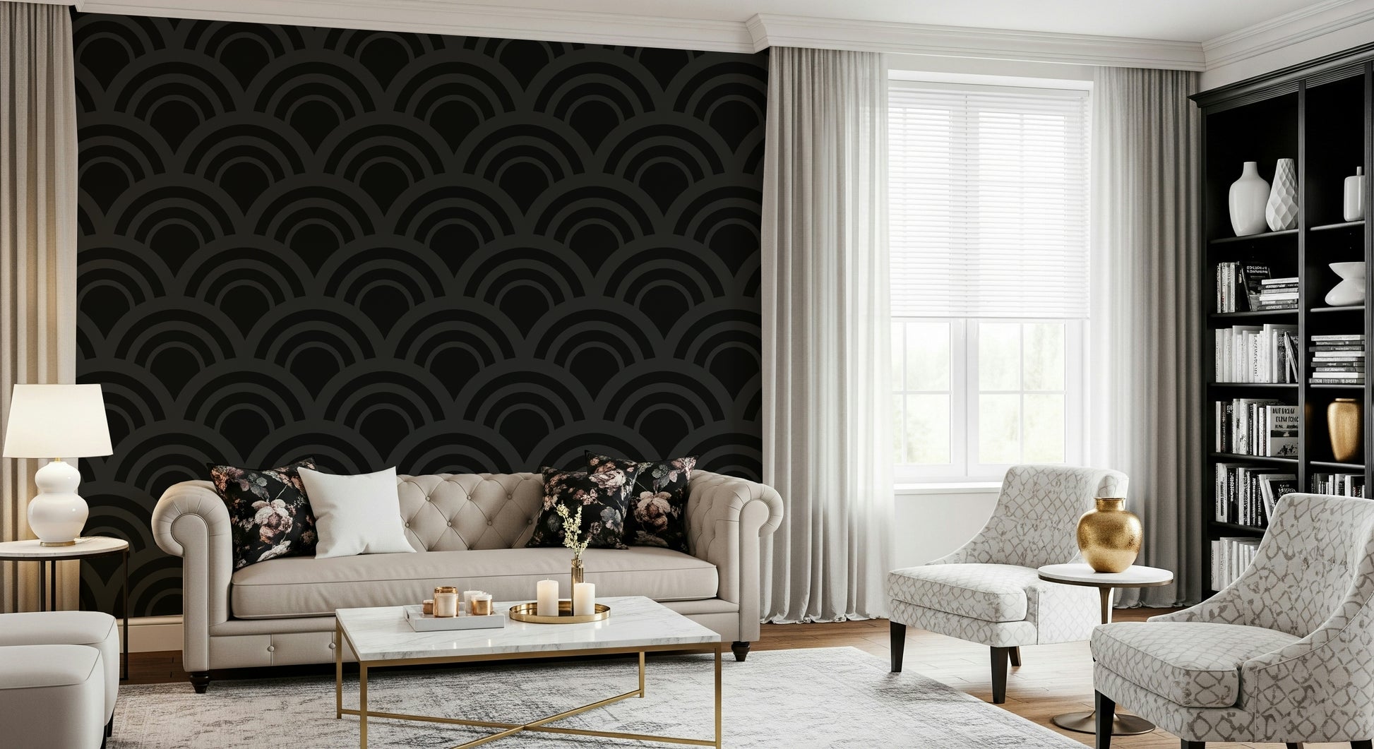 Detail shot of the Black Charcoal Waves Wall Mural, focusing on the dark, undulating pattern that defines this elegant geometric wallpaper.