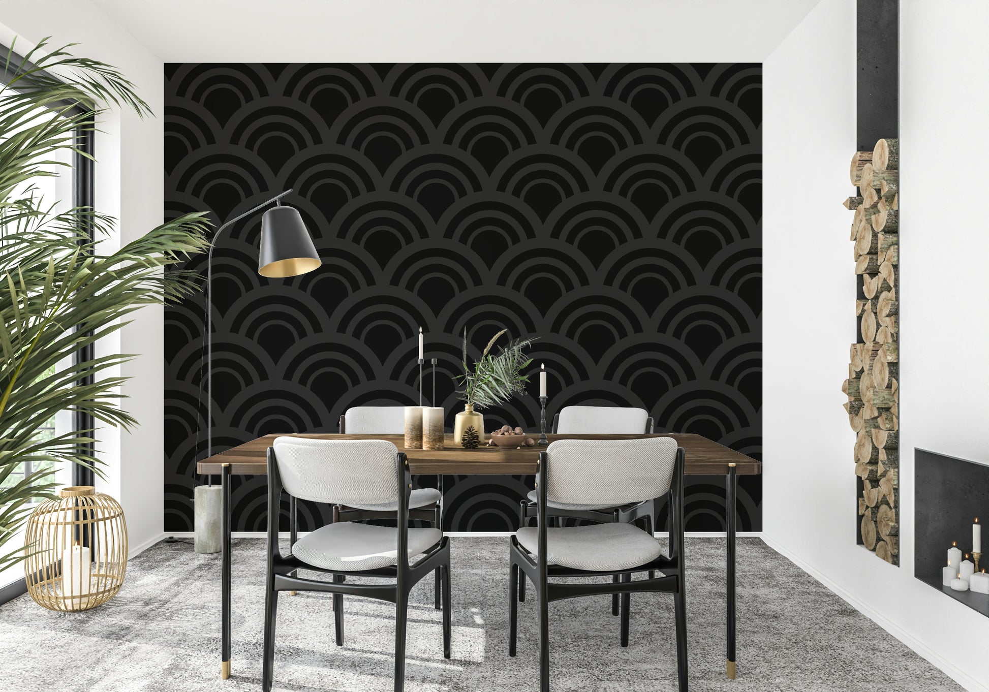 Black Charcoal Waves Wall Mural depicting abstract, flowing curves in shades of grey and black, a perfect example of modern geometric wallpaper.