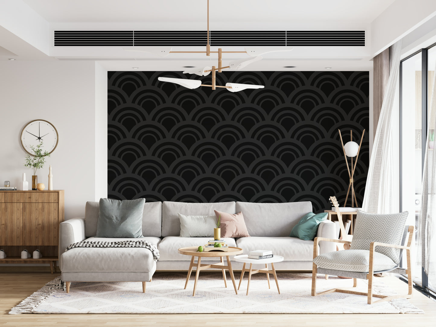 An angled view of the Black Charcoal Waves Wall Mural, emphasizing the sense of movement in its dark, wavy lines and geometric wallpaper design.