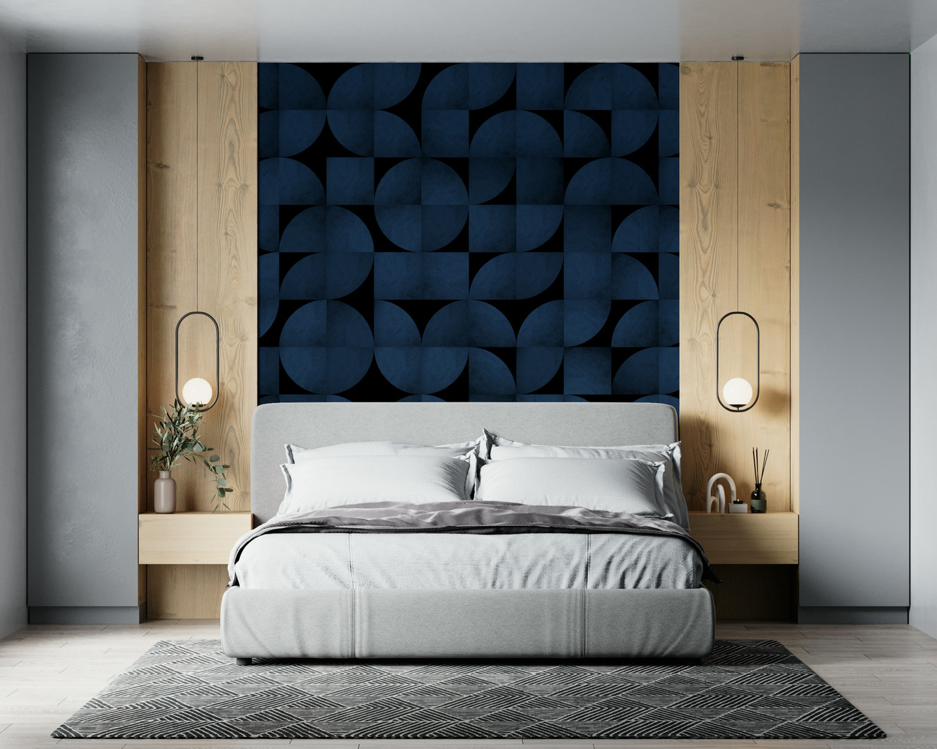 Mid-Century Blue Stone Wall Mural – Stylish mural featuring layered blue stone textures inspired by mid-century design.