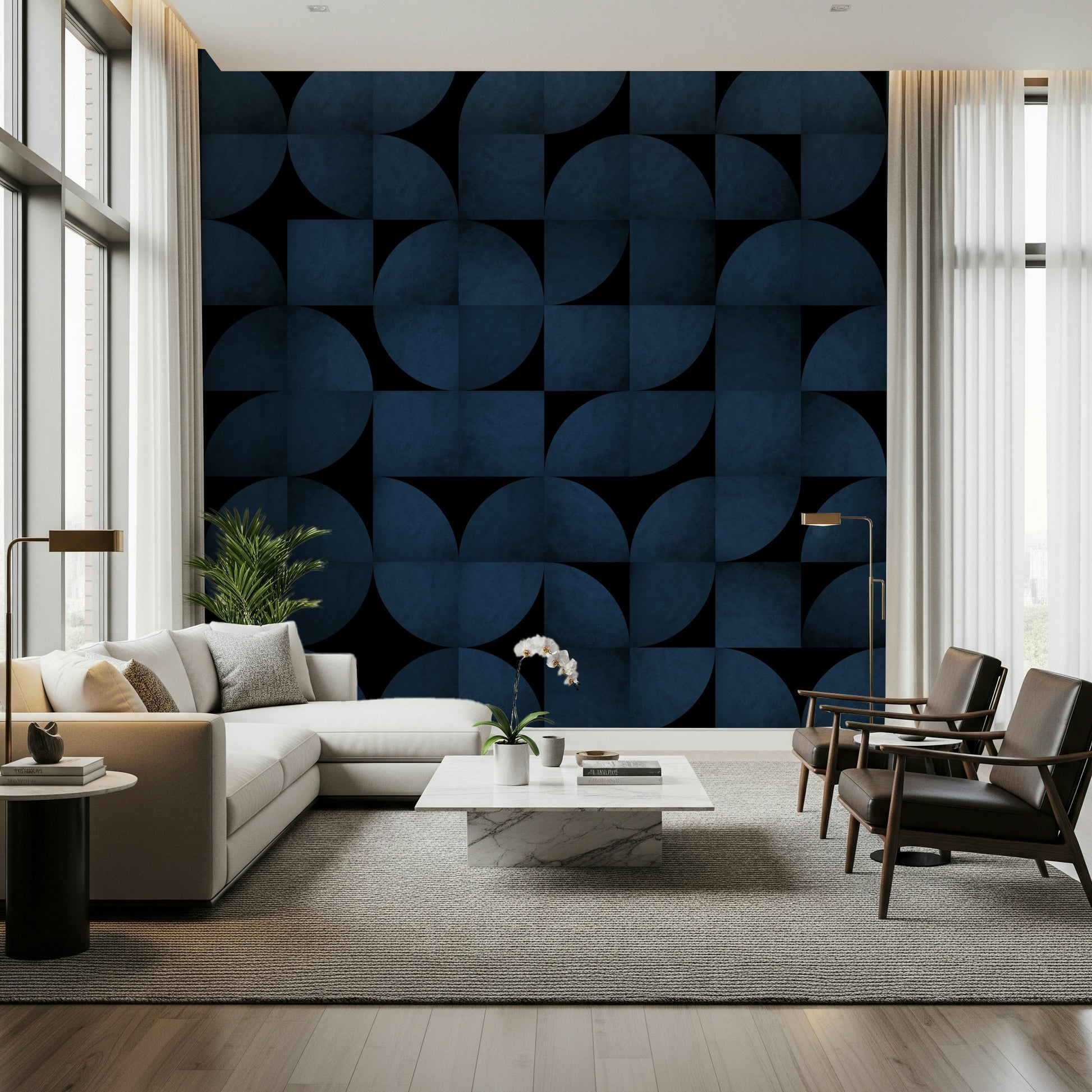 Geometric Blue Stone Wall Mural – Abstract stone layers in mid-century style with clean, angular patterns.