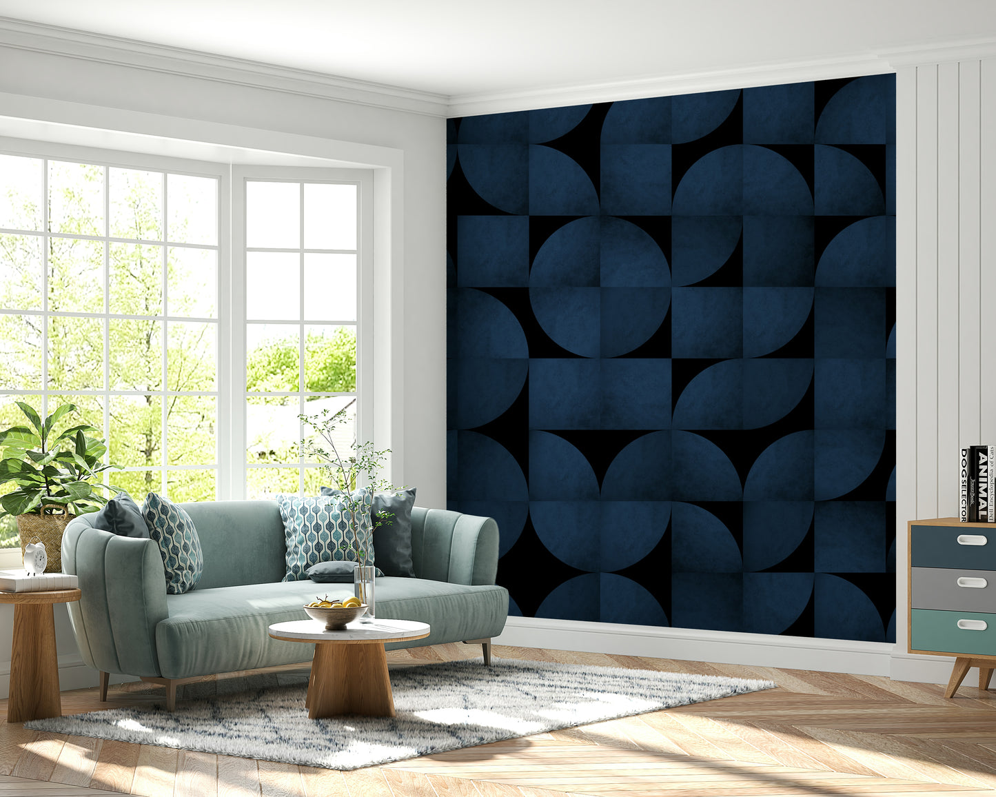 Mid-Century Blue Stone Accent Wall Mural – Statement wall mural with layered blue stone textures and vintage-modern flair.