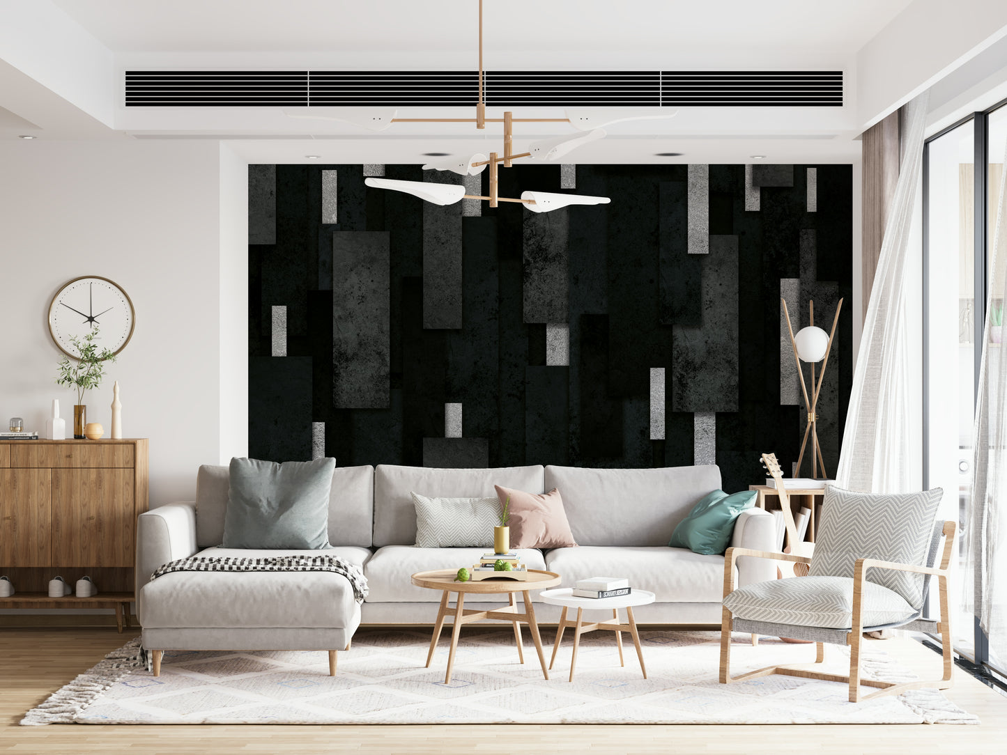 Charcoal Silver Texture Wall Mural – Artistic wall mural with layered urban-inspired textures and reflective silver details.