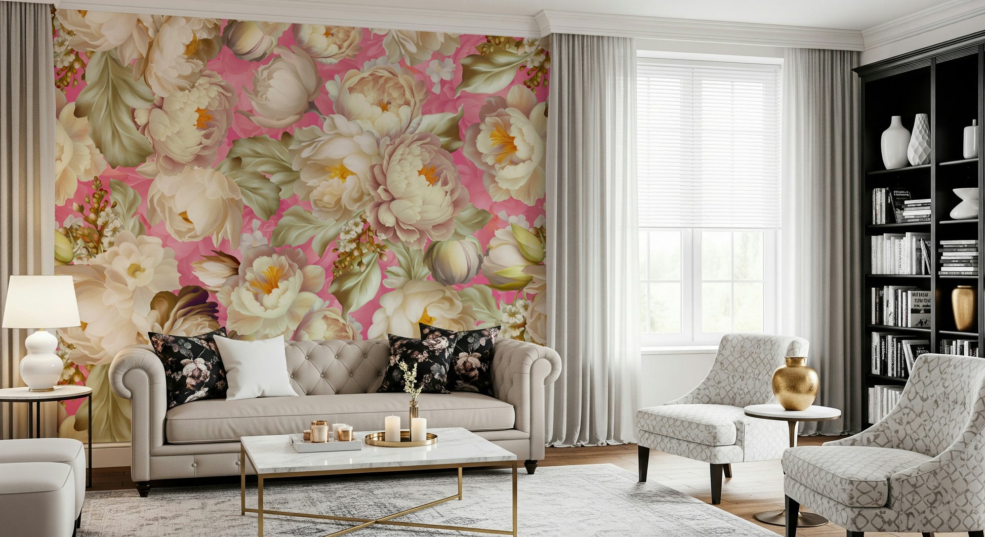 Pink Blossom Burst Wallpaper Wall Mural – Vibrant mural of blooming pink flowers bursting across a soft background.