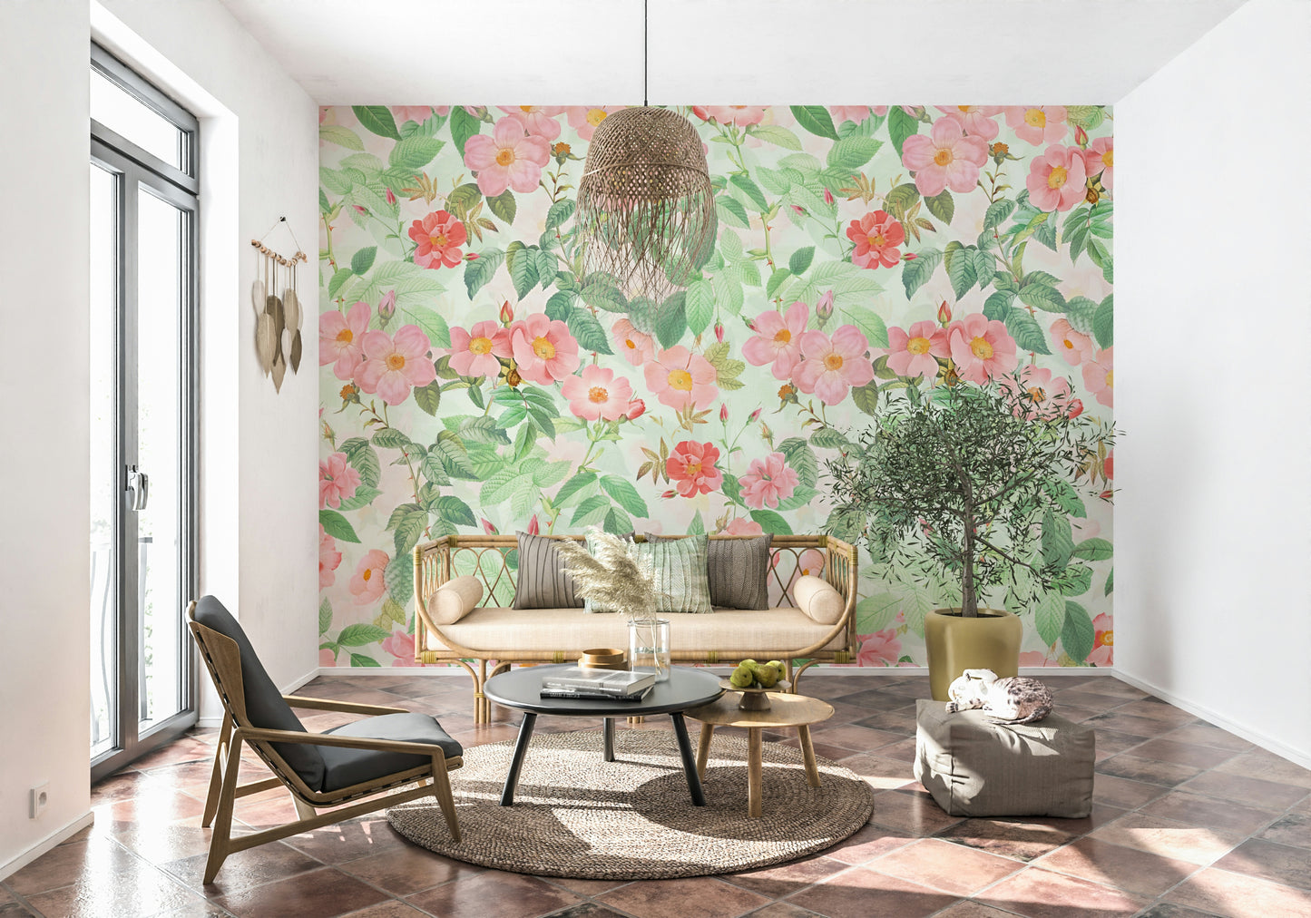 Redouté Rose Illustration Wallpaper Mural – Vintage botanical artwork showcasing hand-painted roses with delicate leaves.